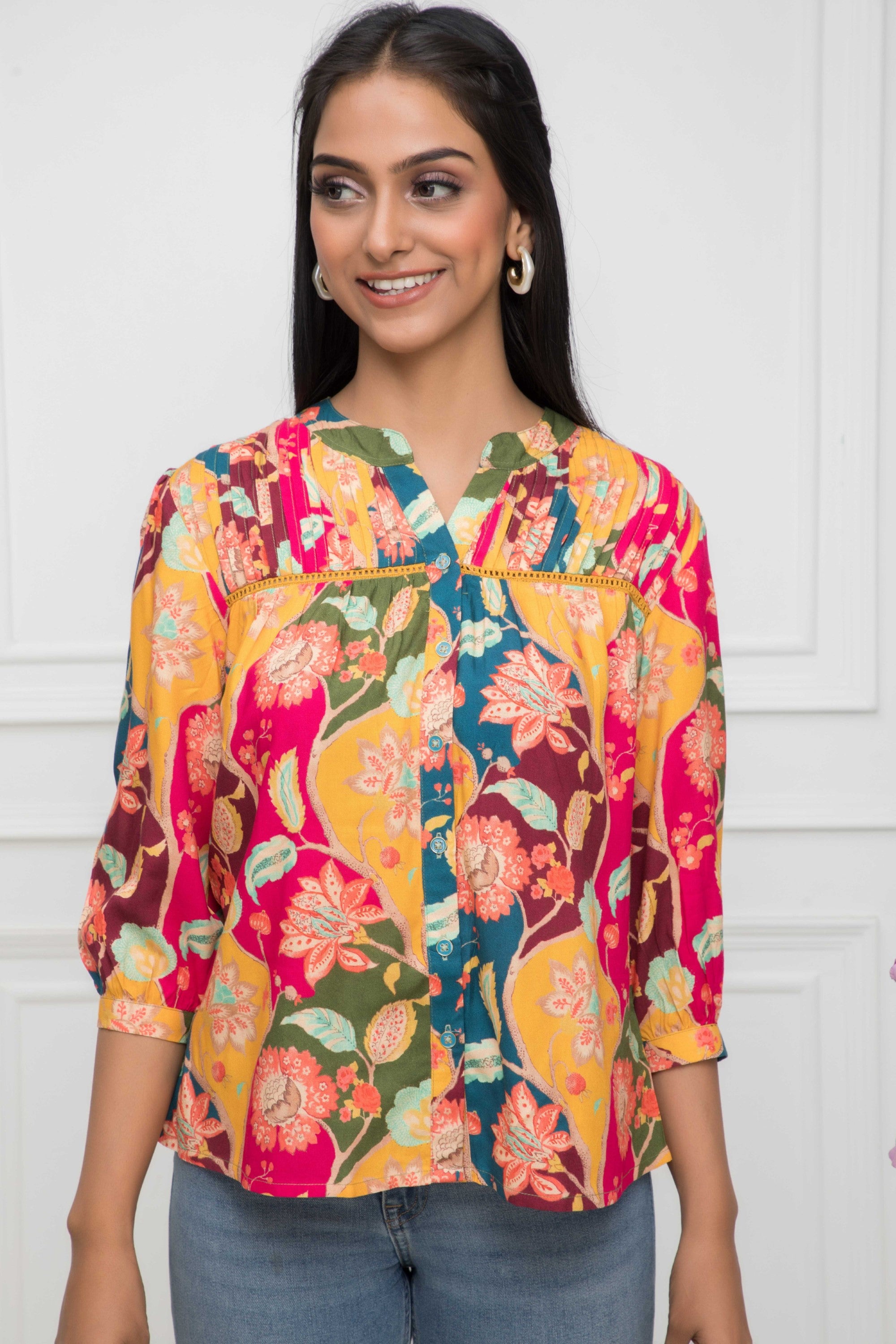 Women's Multi Floral Mandarin Collar Regular Sleeves Viscose Rayon Top - Myshka