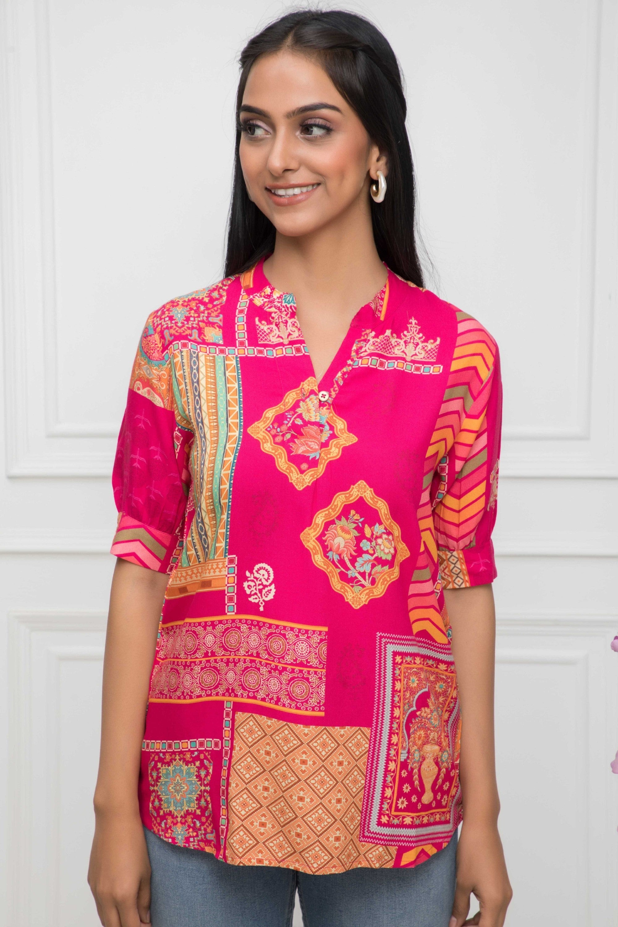Women's Pink Floral Mandarin Collar Regular Sleeves Viscose Rayon Top