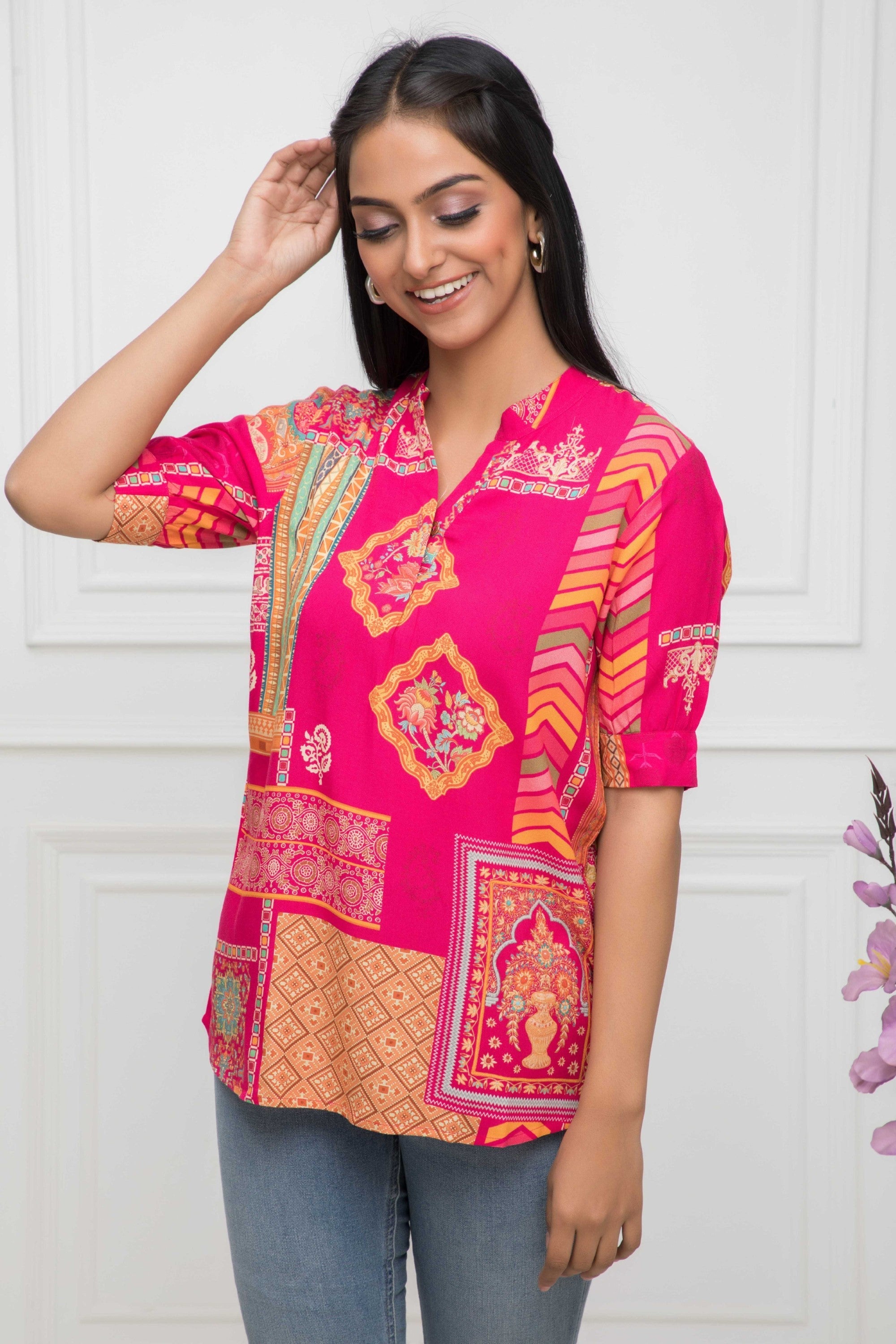 Women's Pink Floral Mandarin Collar Regular Sleeves Viscose Rayon Top