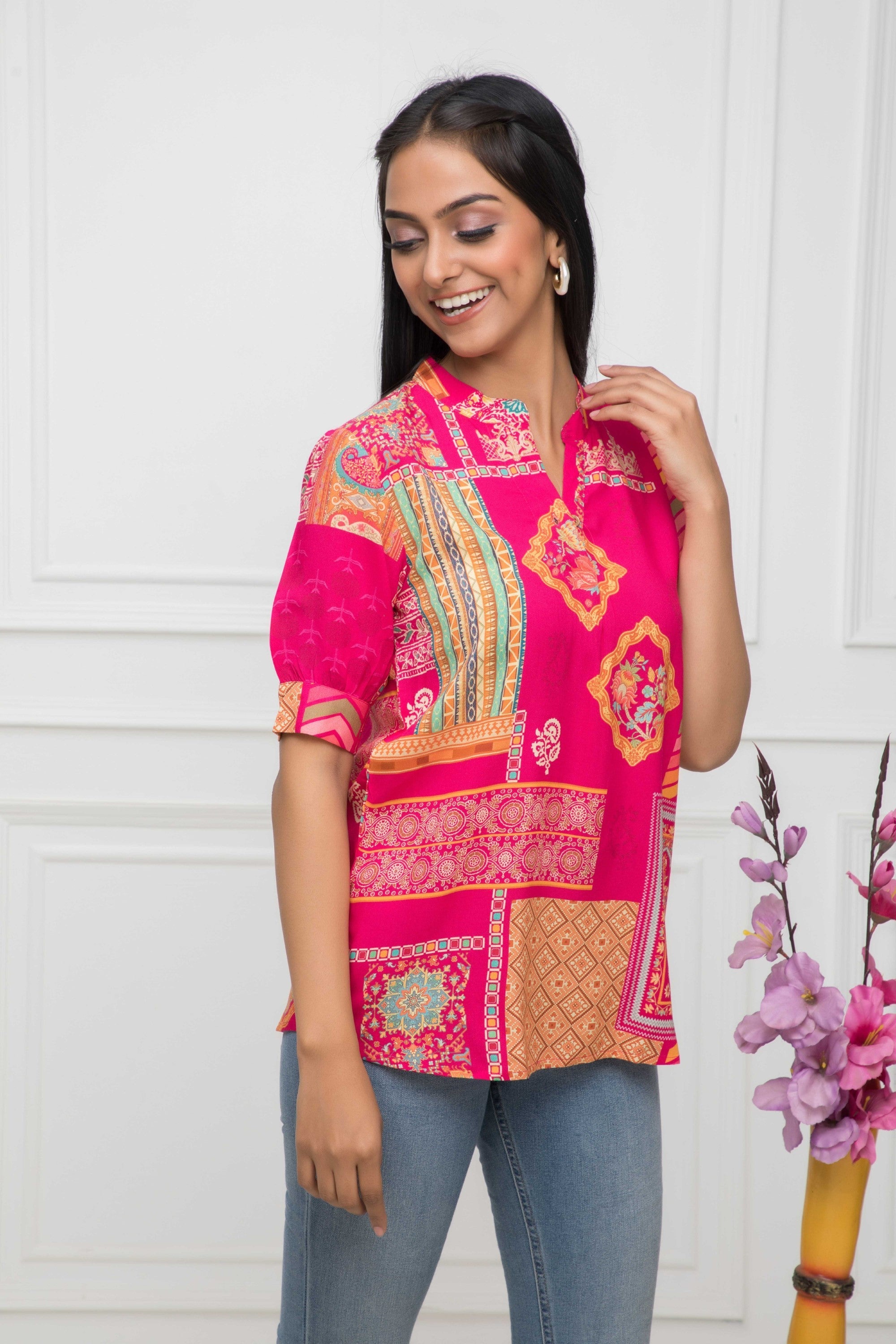 Women's Pink Floral Mandarin Collar Regular Sleeves Viscose Rayon Top