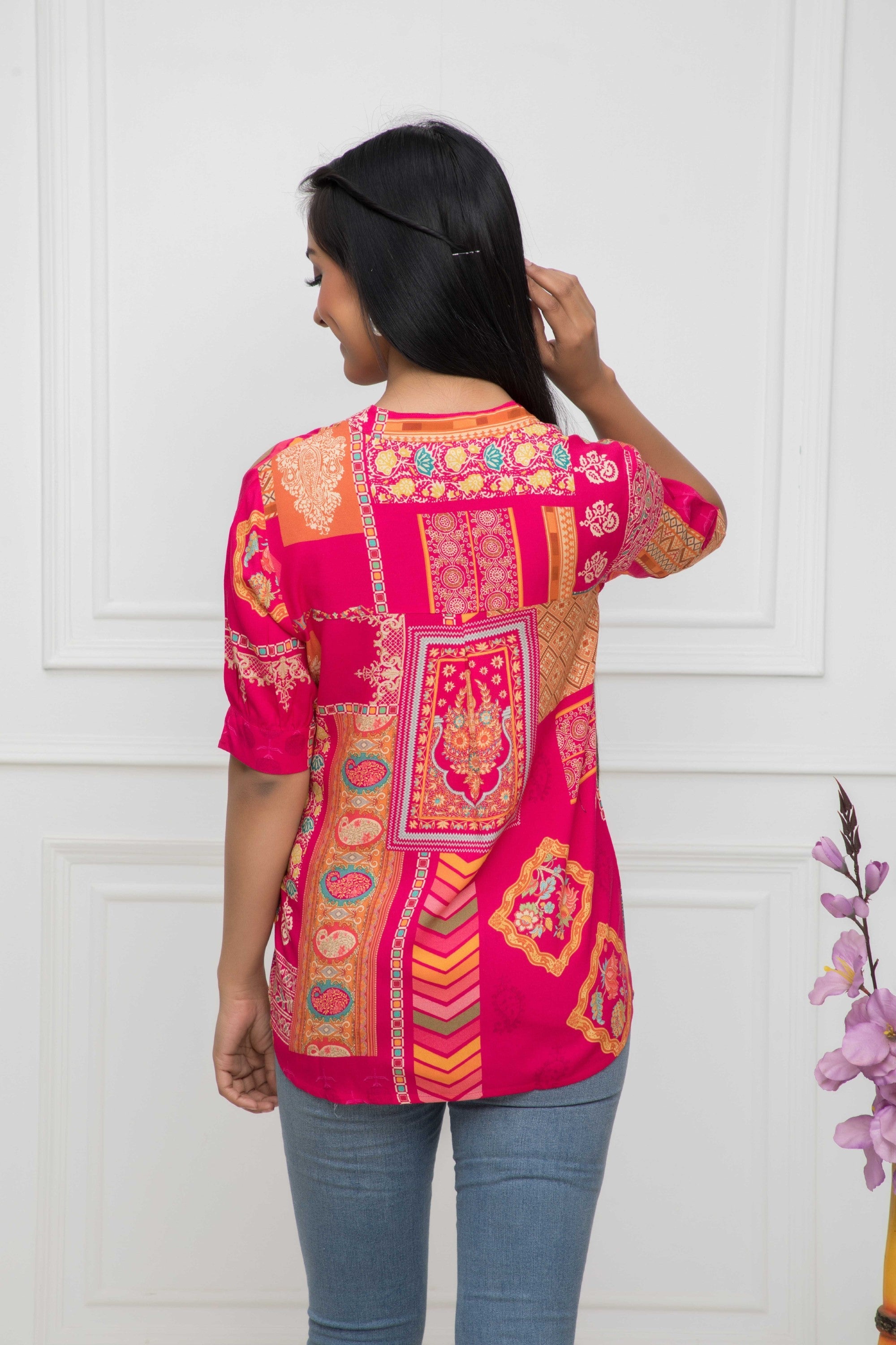Women's Pink Floral Mandarin Collar Regular Sleeves Viscose Rayon Top