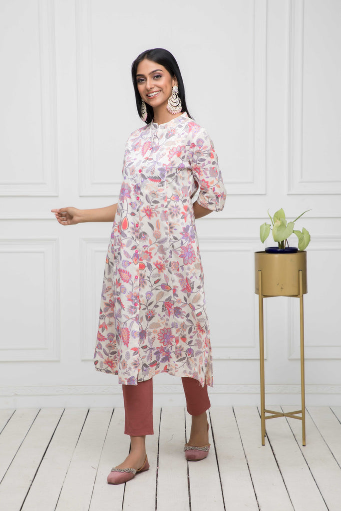 Women's Multi Floral Cotton A-Line Round Neck Kurtas