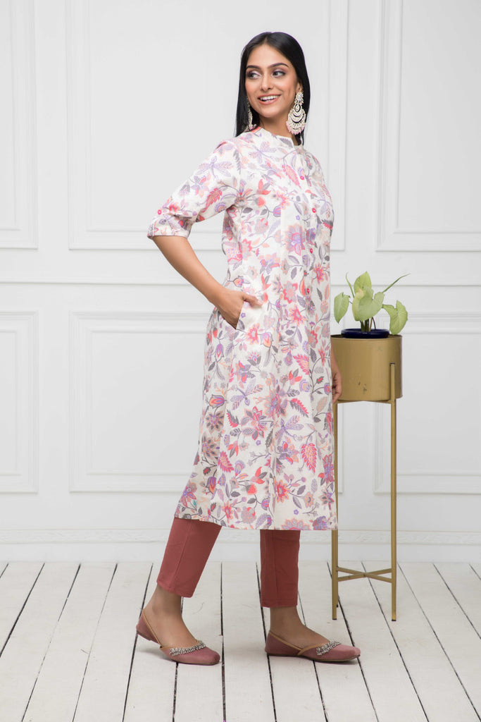 Women's Multi Floral Cotton A-Line Round Neck Kurtas