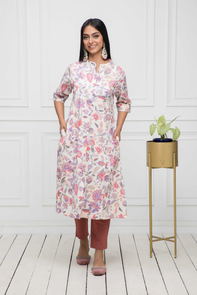 Women's Multi Floral Cotton A-Line Round Neck Kurtas