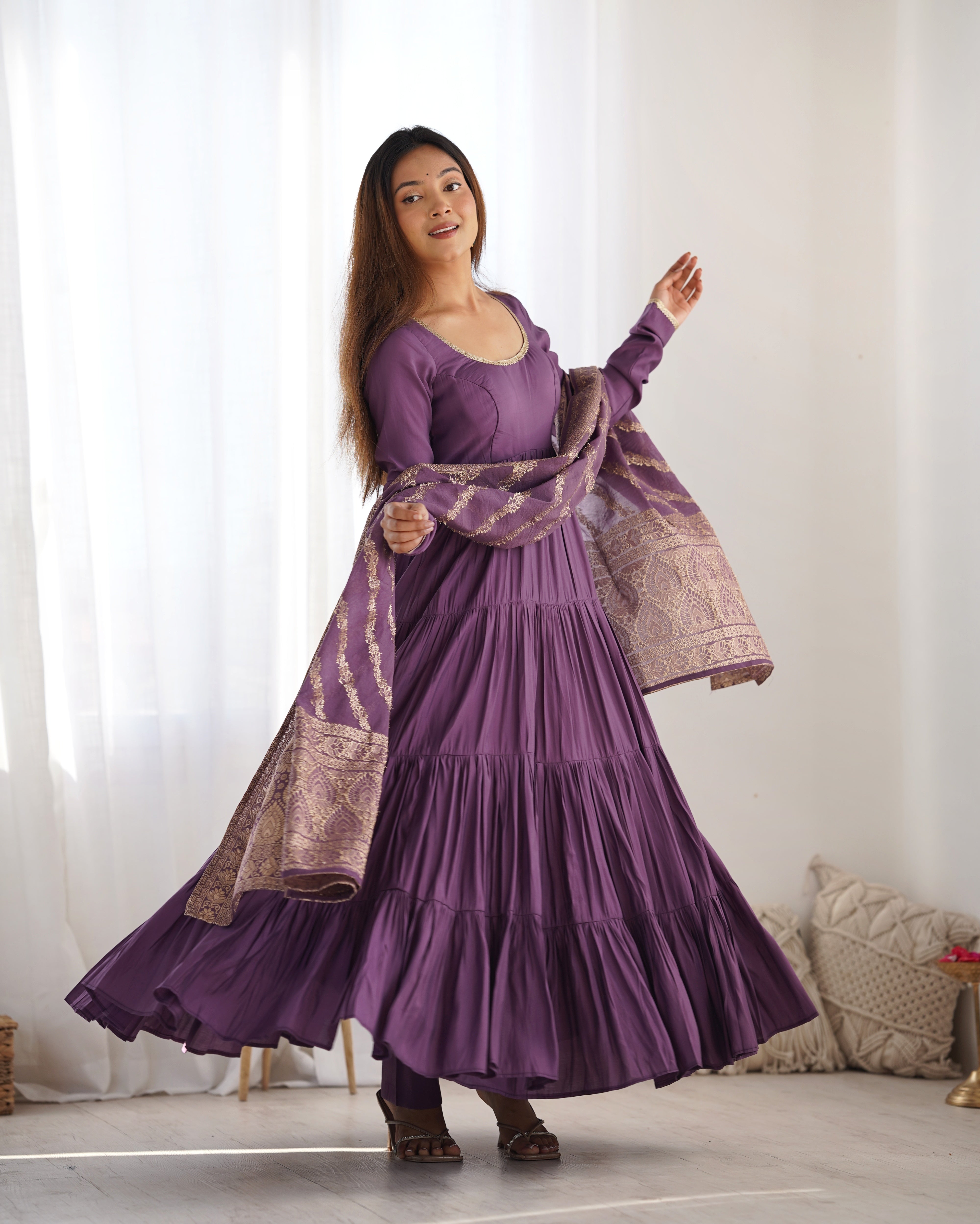 fitted lace wedding dress Women's Violet Colour Roman Silk Chanderi Fully Flair Anarkaly Gown Violet / XL fitted lace wedding dress Women's Violet Colour Roman Silk Chanderi Fully Flair Anarkaly Gown Violet / XL