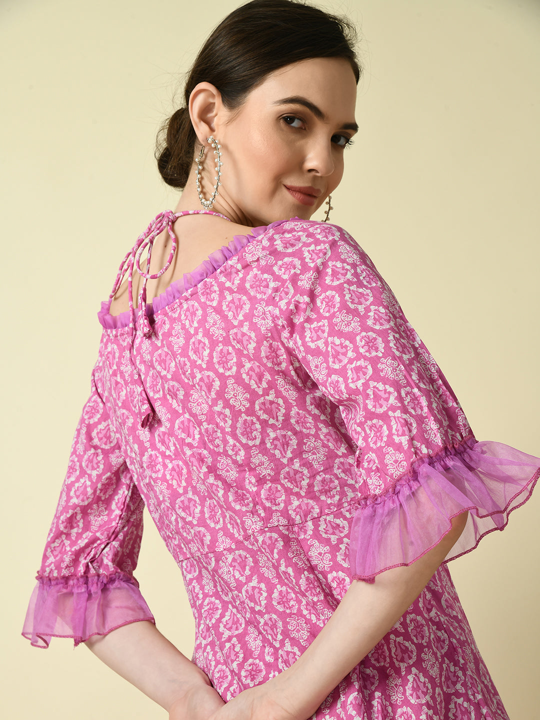 Women's Pink Empire Printed Dress - Myshka
