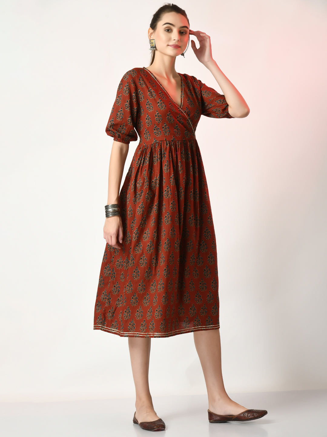 Women's Rust Empire Printed Dress - Myshka
