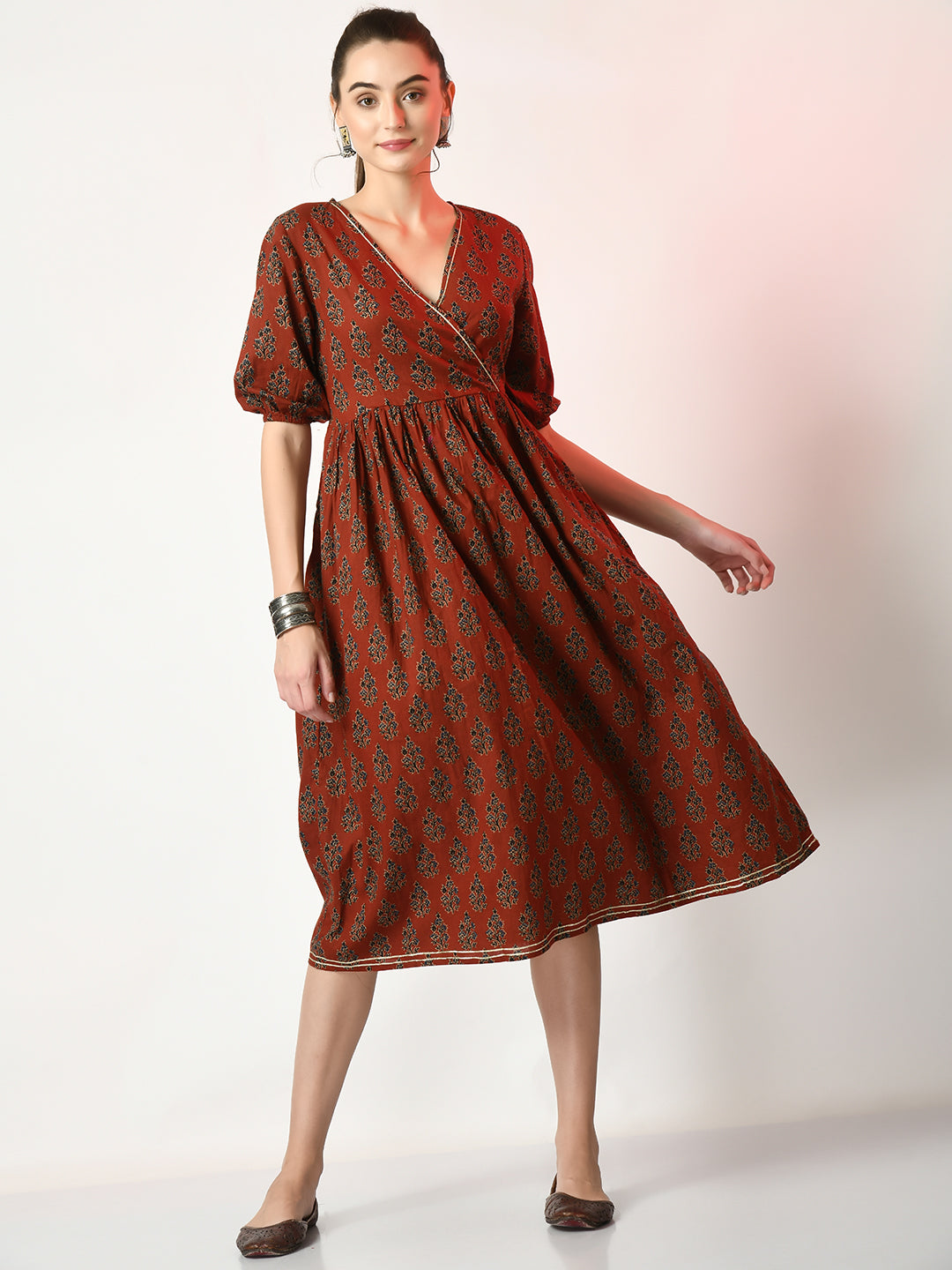 Women's Rust Empire Printed Dress - Myshka