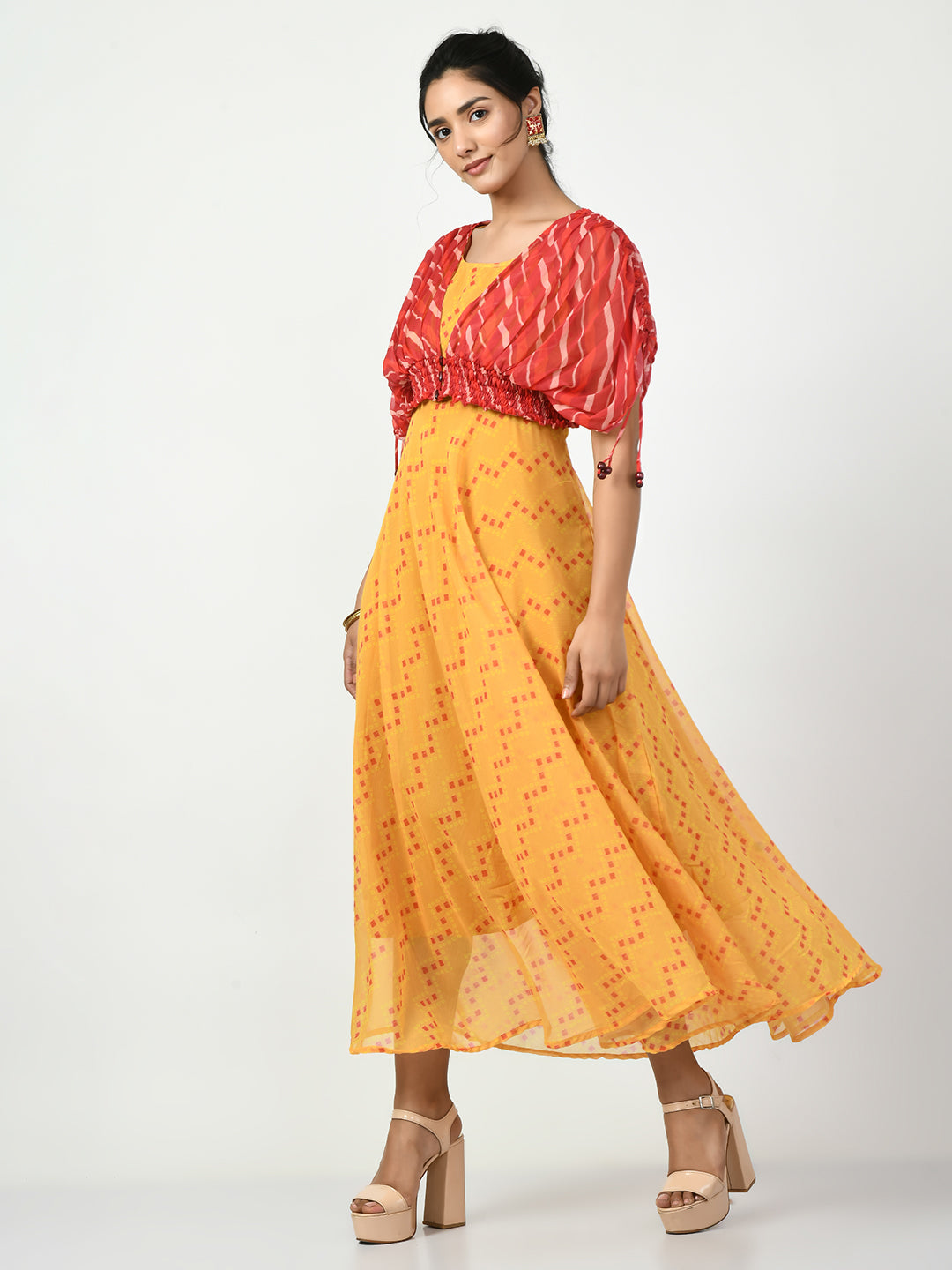 Women's Yellow Empire Printed Dress - Myshka