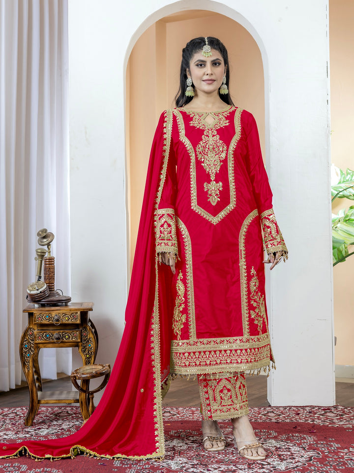 Women's Red Color Chinon Silk Embroidery Work Fully Stitched Salwar Suit