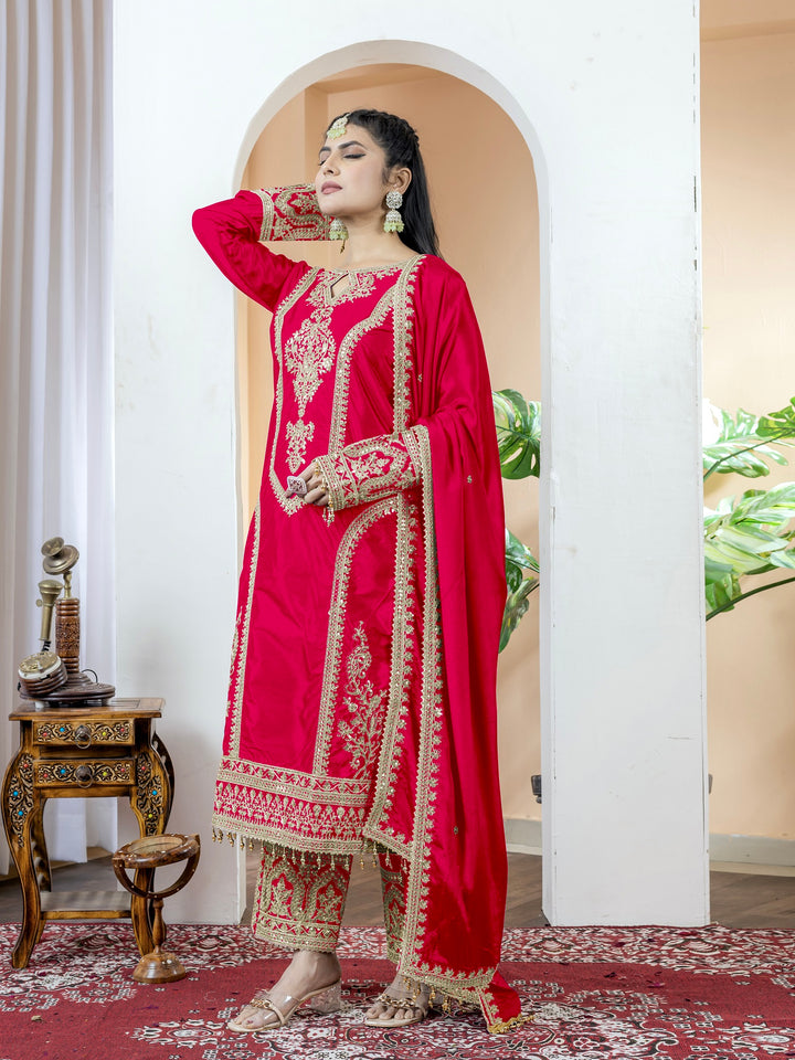 Women's Red Color Chinon Silk Embroidery Work Fully Stitched Salwar Suit