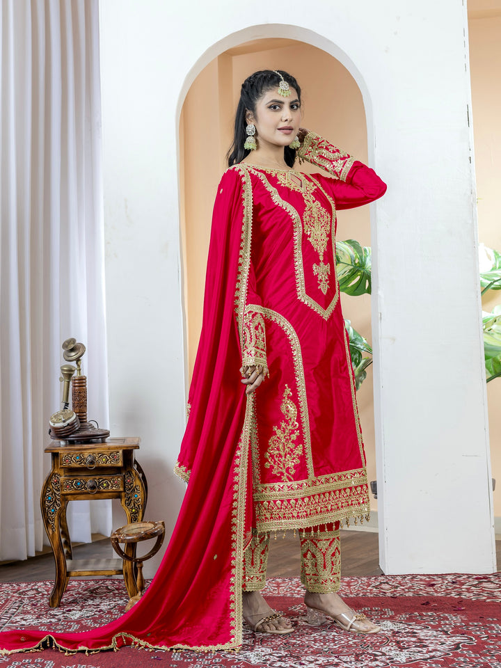 Women's Red Color Chinon Silk Embroidery Work Fully Stitched Salwar Suit