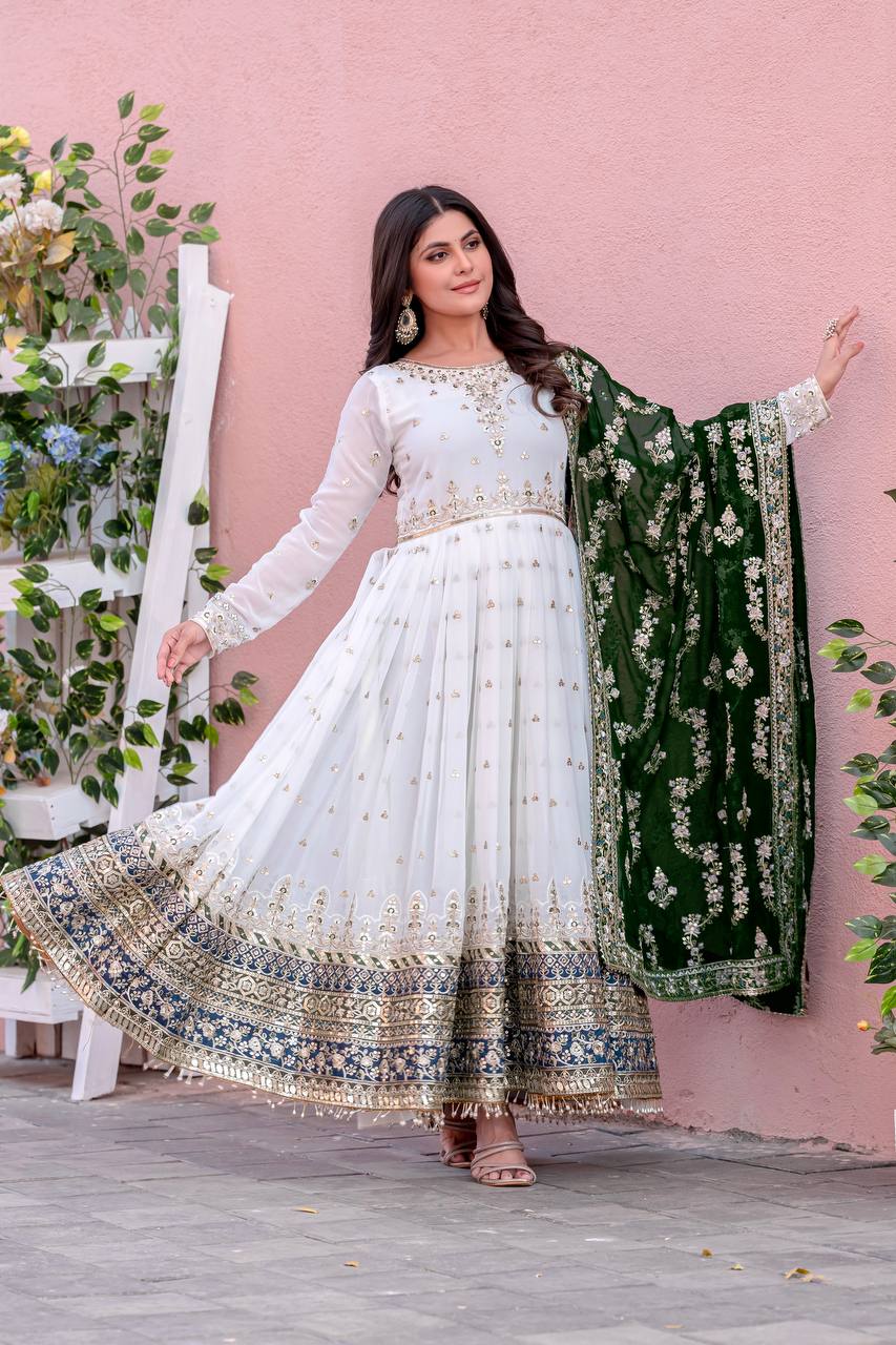 Women's White Colour Faux Georgette Heavy Embroidery Work Fully Stitched Pakistani Suit White / 2XL | Trendia Global Women's White Colour Faux Georgette Heavy Embroidery Work Fully Stitched Pakistani Suit White / 2XL | Trendia Global