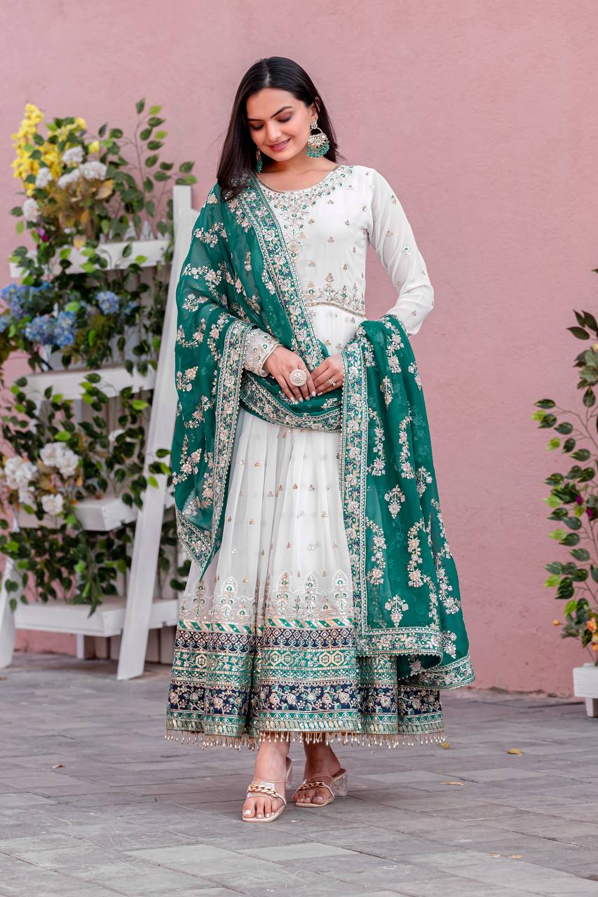 Women's White Colour Faux Georgette Heavy Embroidery Work Fully Stitched Pakistani Suit White / L | Trendia Global Women's White Colour Faux Georgette Heavy Embroidery Work Fully Stitched Pakistani Suit White / L | Trendia Global