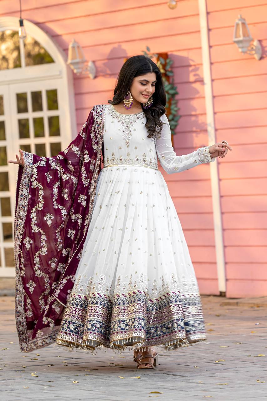 Women's White Colour Faux Georgette Heavy Embroidery Work Fully Stitched Pakistani Suit White / XL | Trendia Global Women's White Colour Faux Georgette Heavy Embroidery Work Fully Stitched Pakistani Suit White / XL | Trendia Global