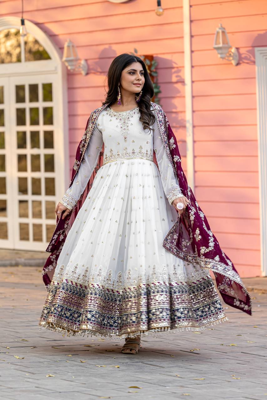 Women's White Colour Faux Georgette Heavy Embroidery Work Fully Stitched Pakistani Suit White / XL | Trendia Global Women's White Colour Faux Georgette Heavy Embroidery Work Fully Stitched Pakistani Suit White / XL | Trendia Global