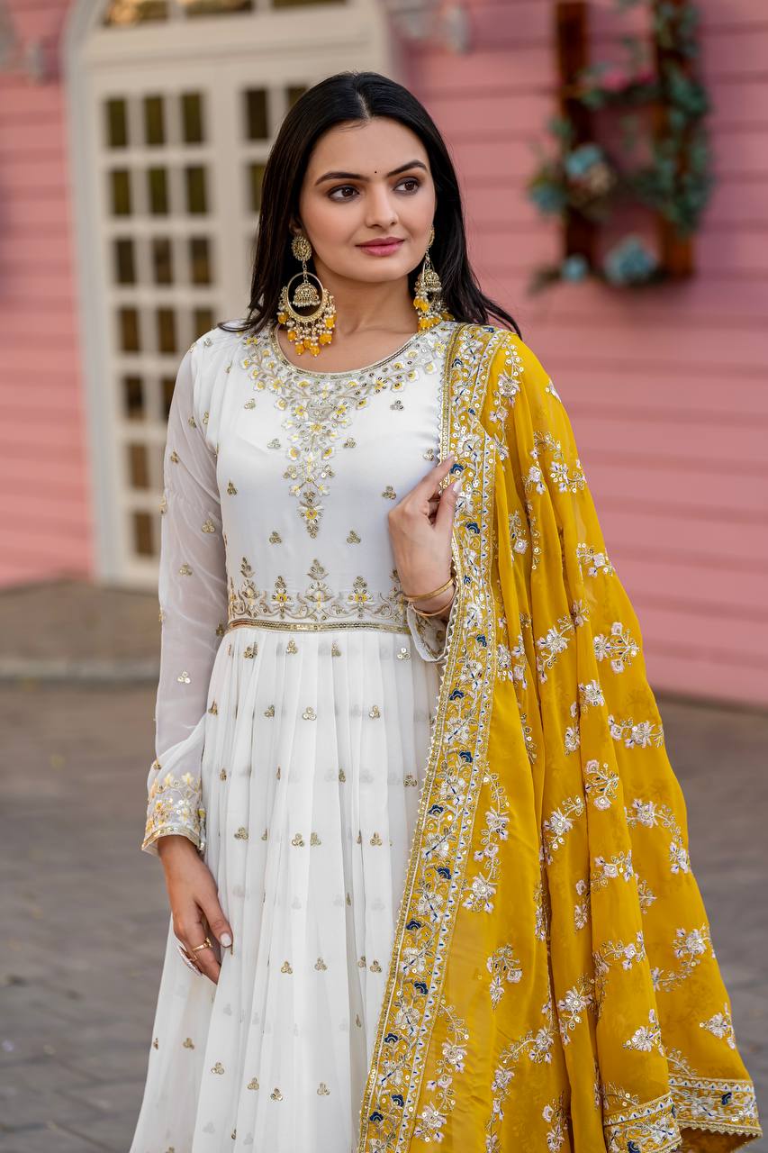 Women's White Colour Faux Georgette Heavy Embroidery Work Fully Stitched Pakistani Suit White / L | Trendia Global Women's White Colour Faux Georgette Heavy Embroidery Work Fully Stitched Pakistani Suit White / L | Trendia Global