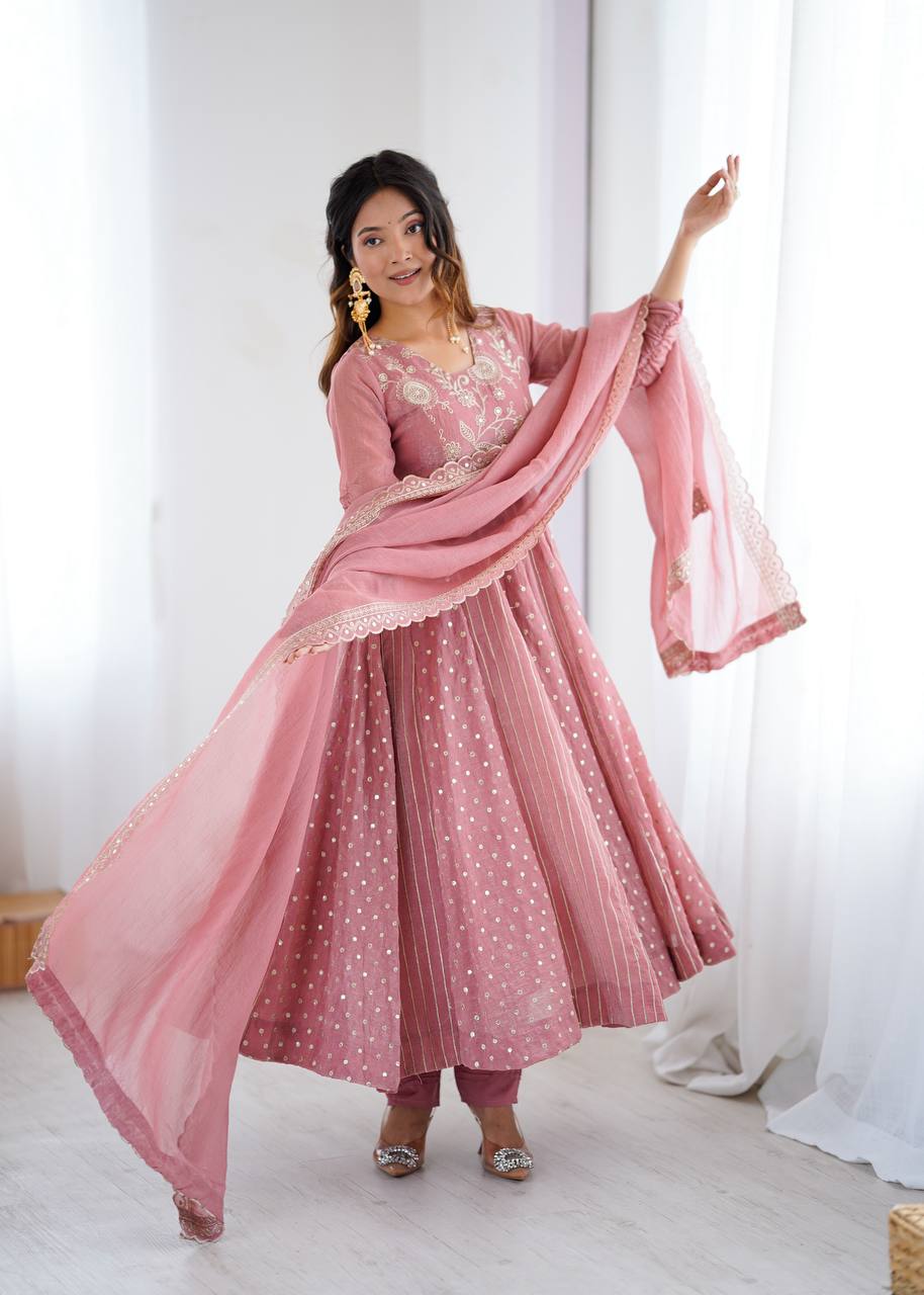 Women's Baby Pink Crunchy silk Embroidery Anarkali set Pink / XXL | Trendia Global Women's Baby Pink Crunchy silk Embroidery Anarkali set Pink / XXL | Trendia Global