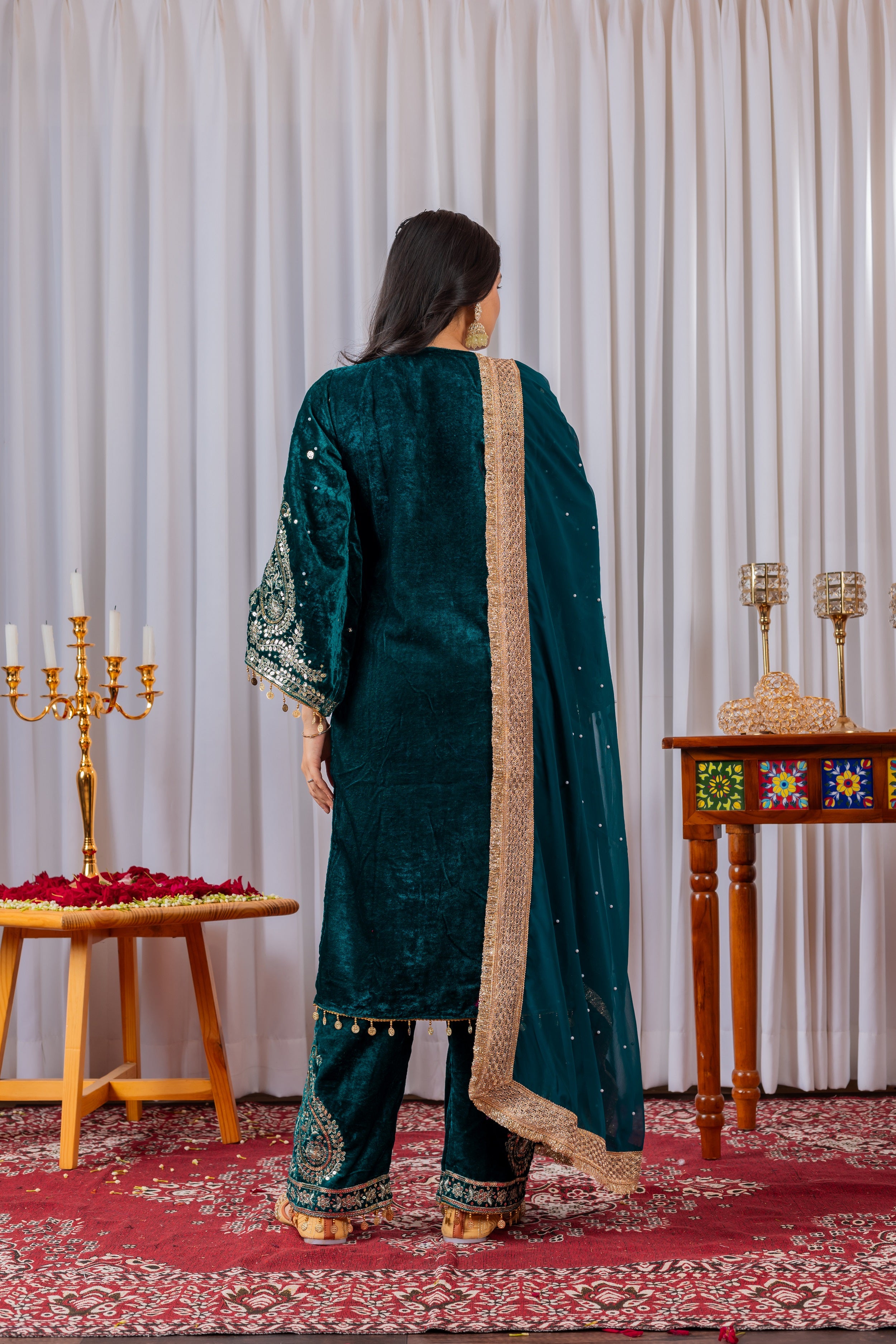 Women's Teal Color Velvet Silk Embroidery Work Pakistani Suit Blue / XL | Trendia Global Women's Teal Color Velvet Silk Embroidery Work Pakistani Suit Blue / XL | Trendia Global