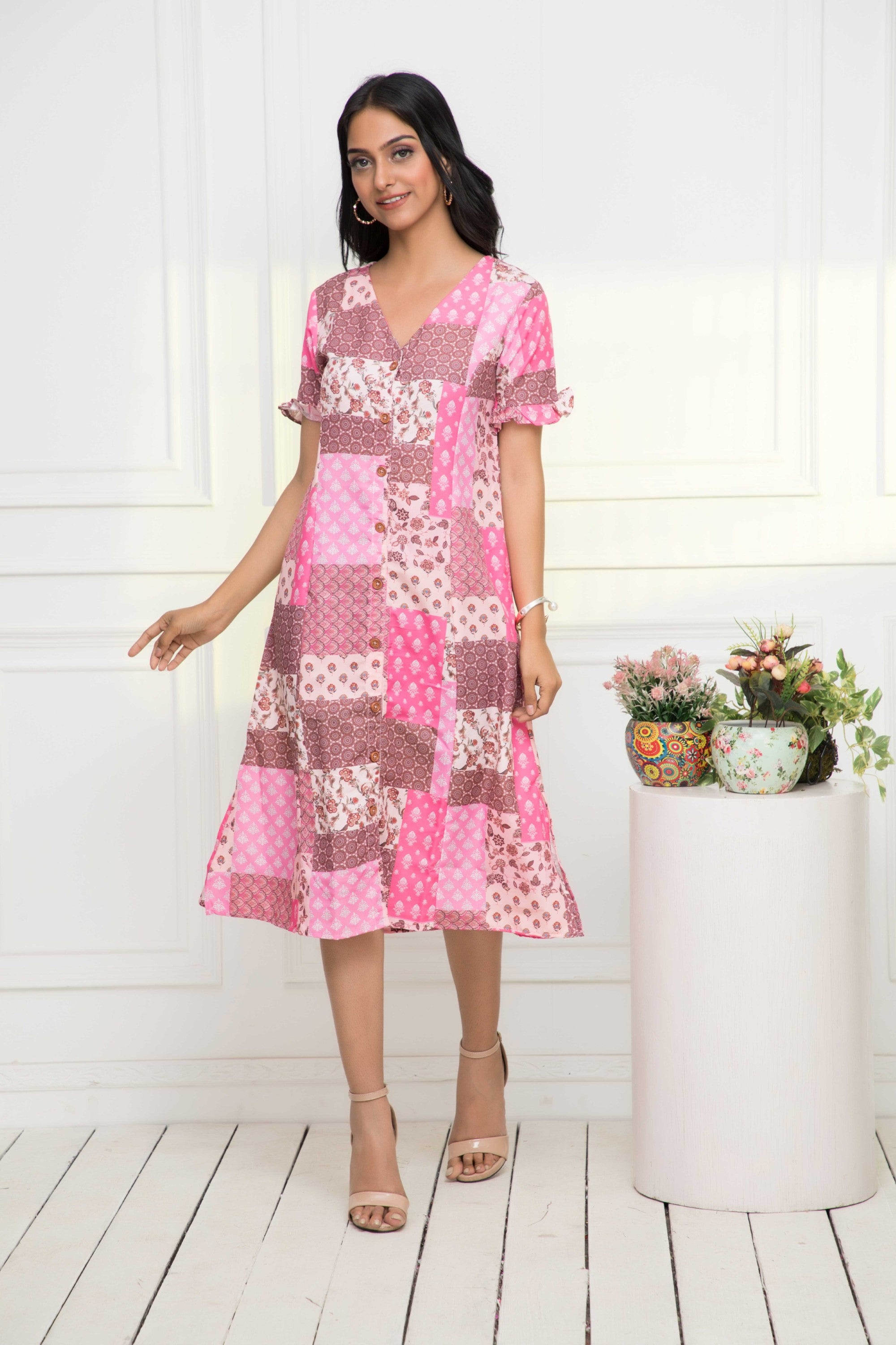 Women's Multi Geometric Rayon A-Line V-Neck Dress - Myshka