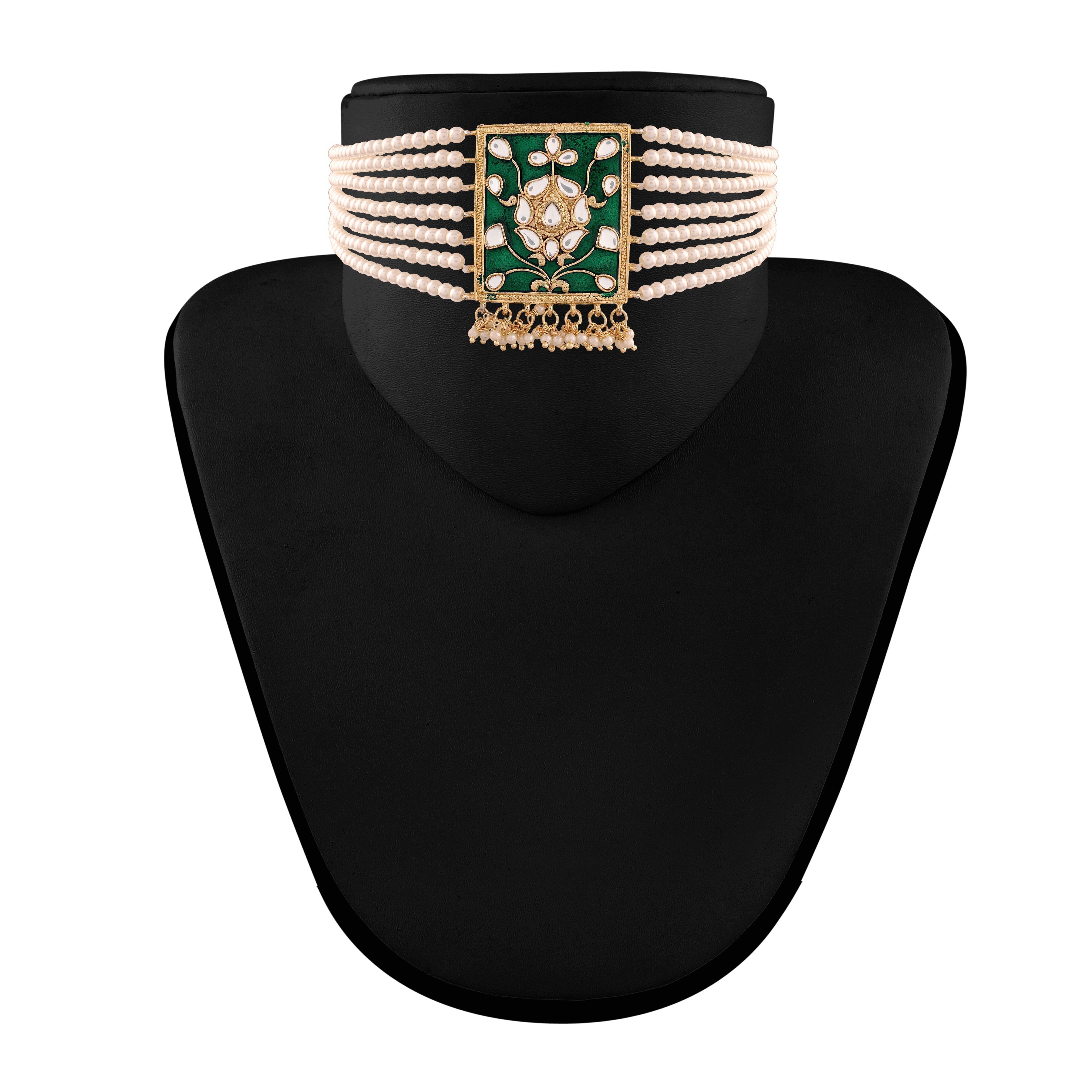 Women's Gold Plated Green Pearl & Kundan Meenakari Multistrand Necklace Set With Earrings