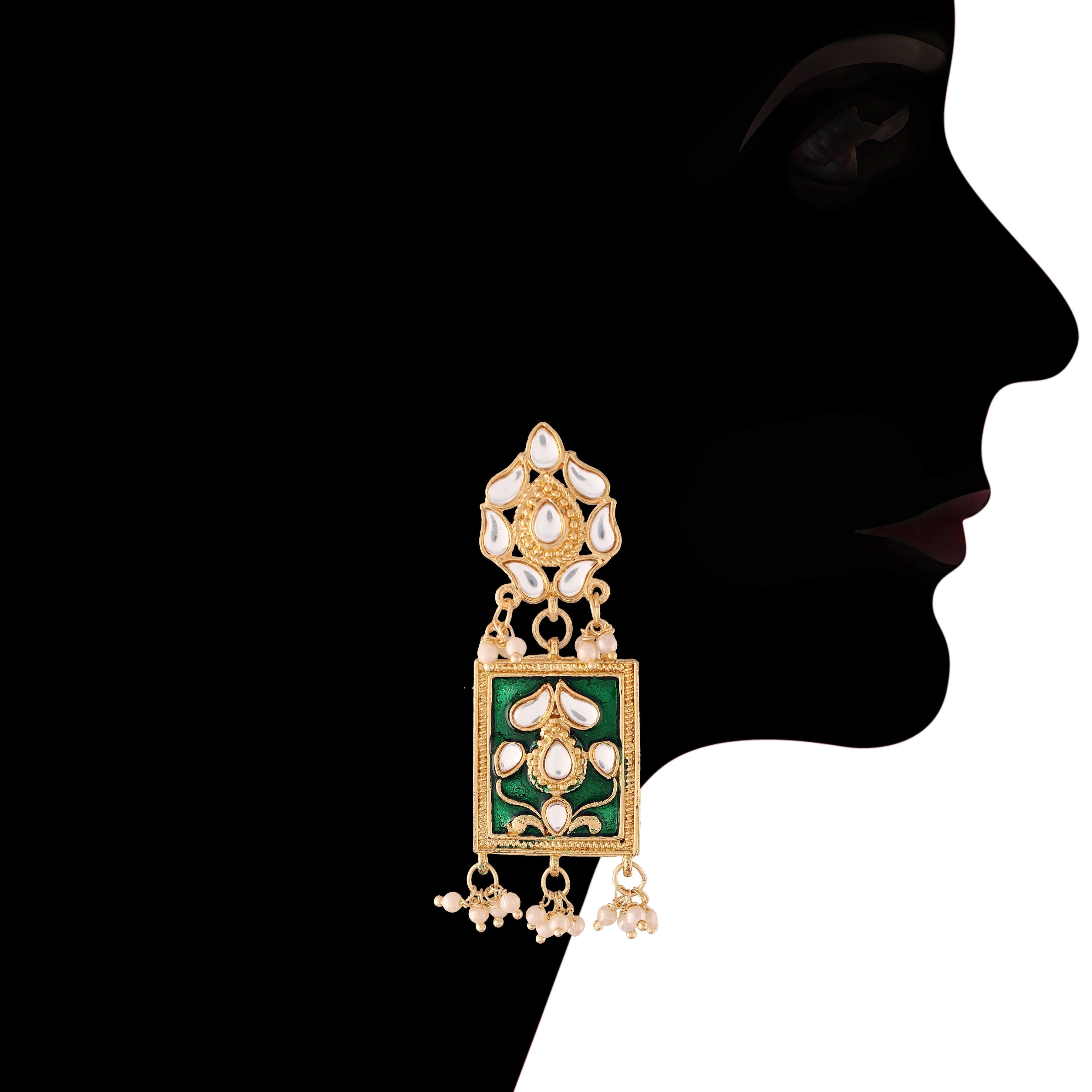 Women's Gold Plated Green Pearl & Kundan Meenakari Multistrand Necklace Set With Earrings