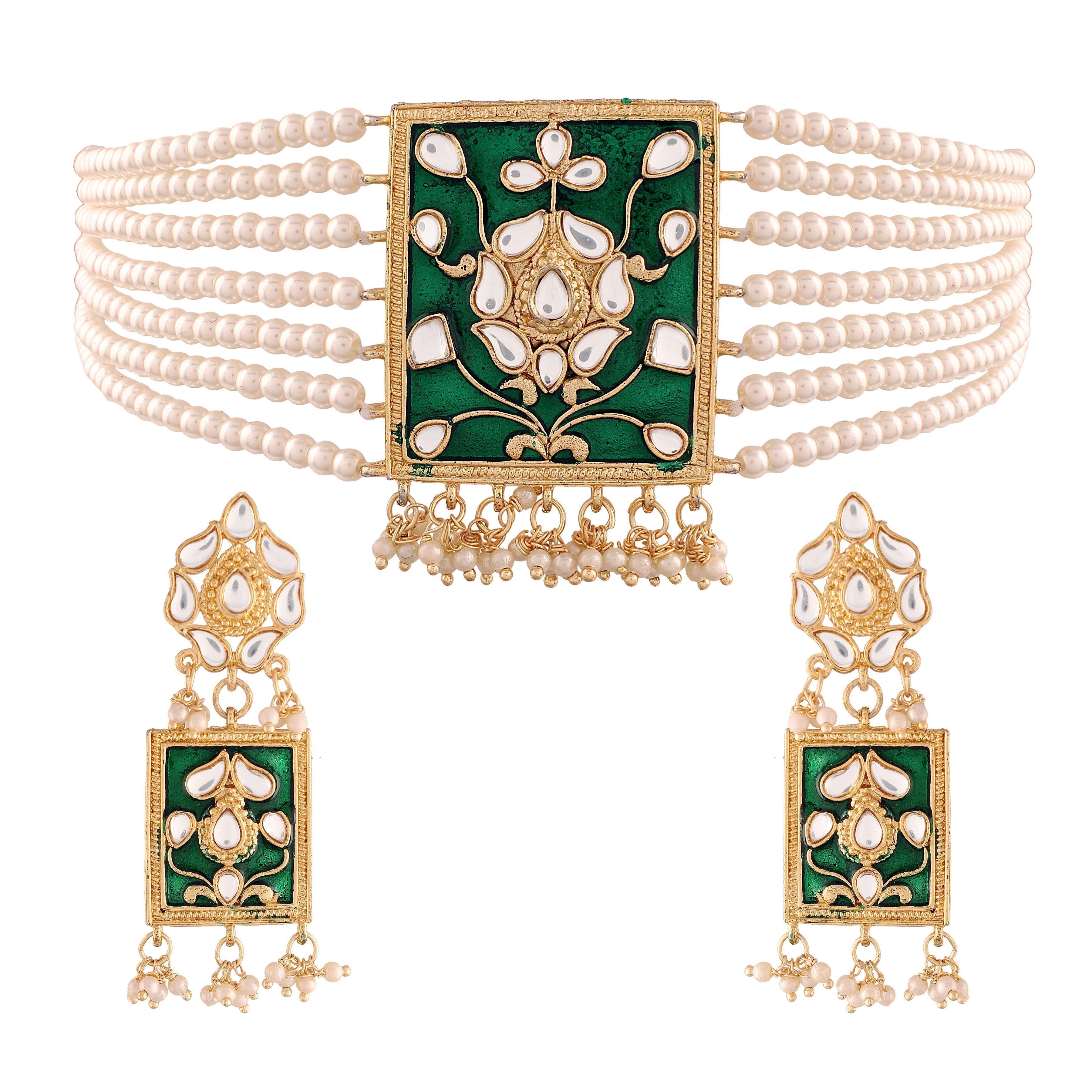 Women's Gold Plated Green Pearl & Kundan Meenakari Multistrand Necklace Set With Earrings