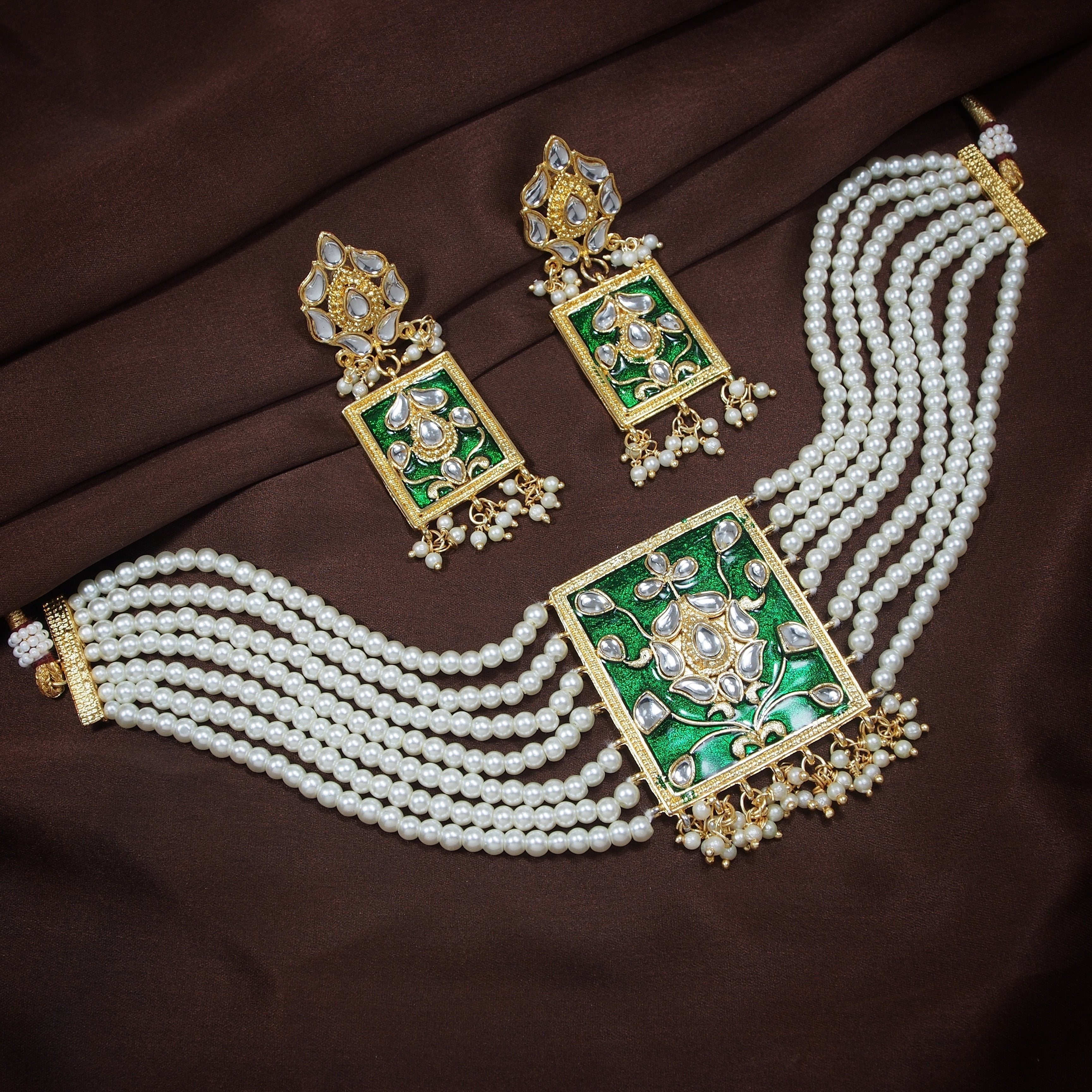 Women's Gold Plated Green Pearl & Kundan Meenakari Multistrand Necklace Set With Earrings