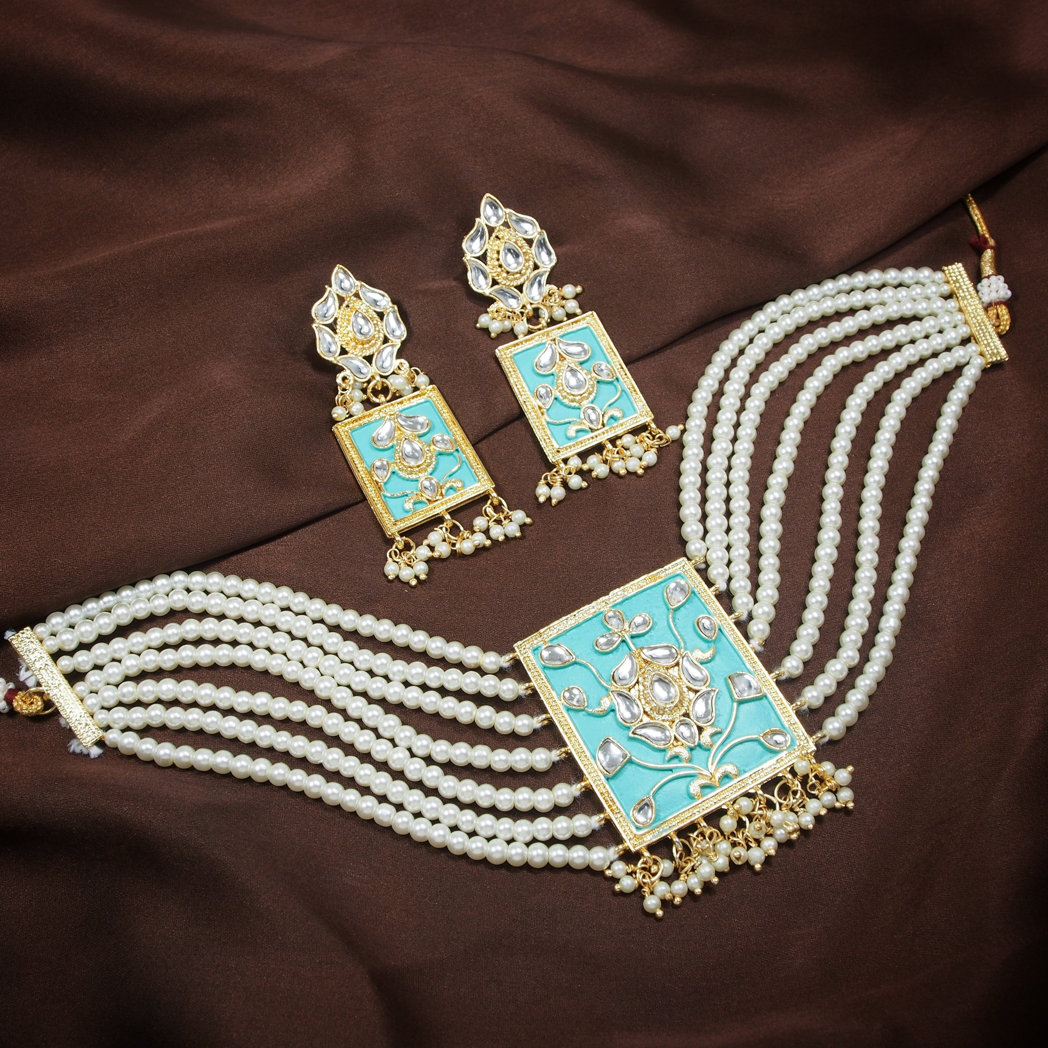 Women's Gold Plated Turquoise Pearl & Kundan Meenakari Multistrand Necklace Set With Earrings