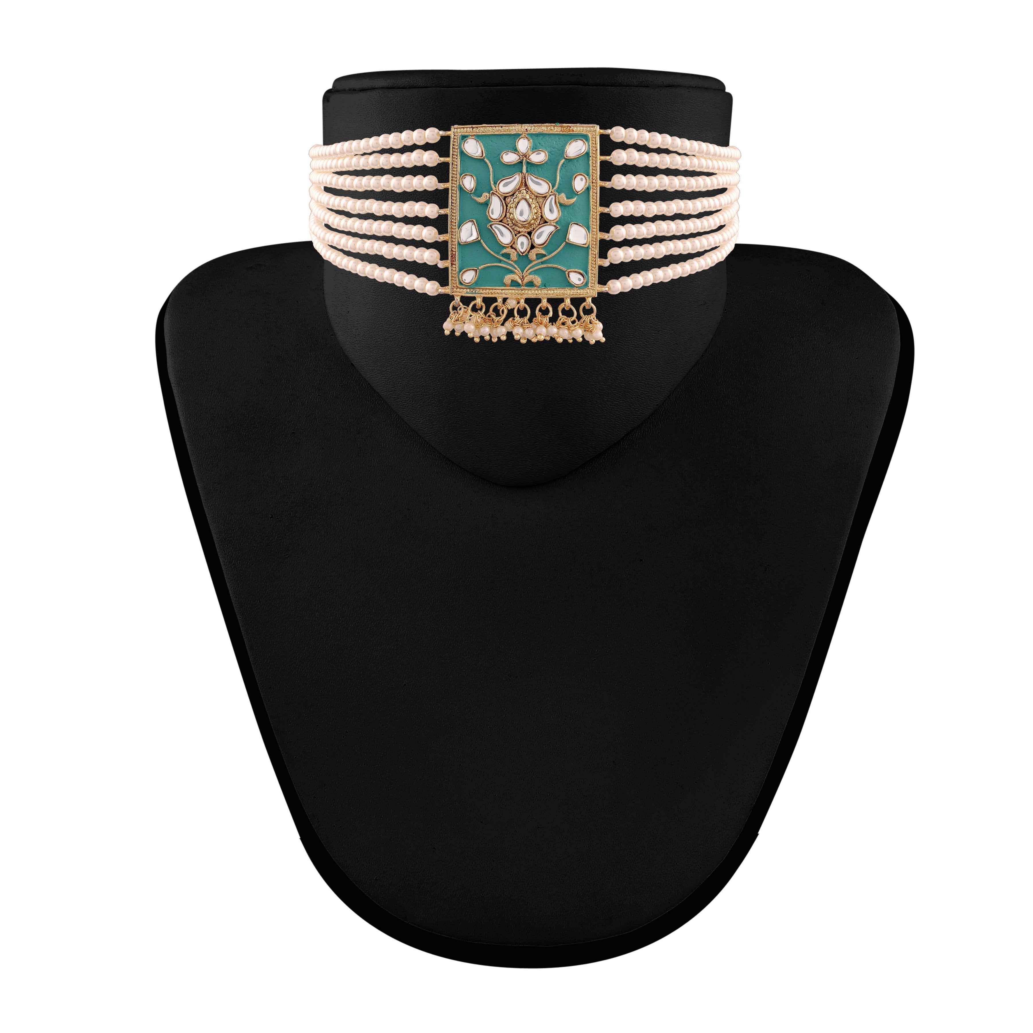 Women's Gold Plated Turquoise Pearl & Kundan Meenakari Multistrand Necklace Set With Earrings