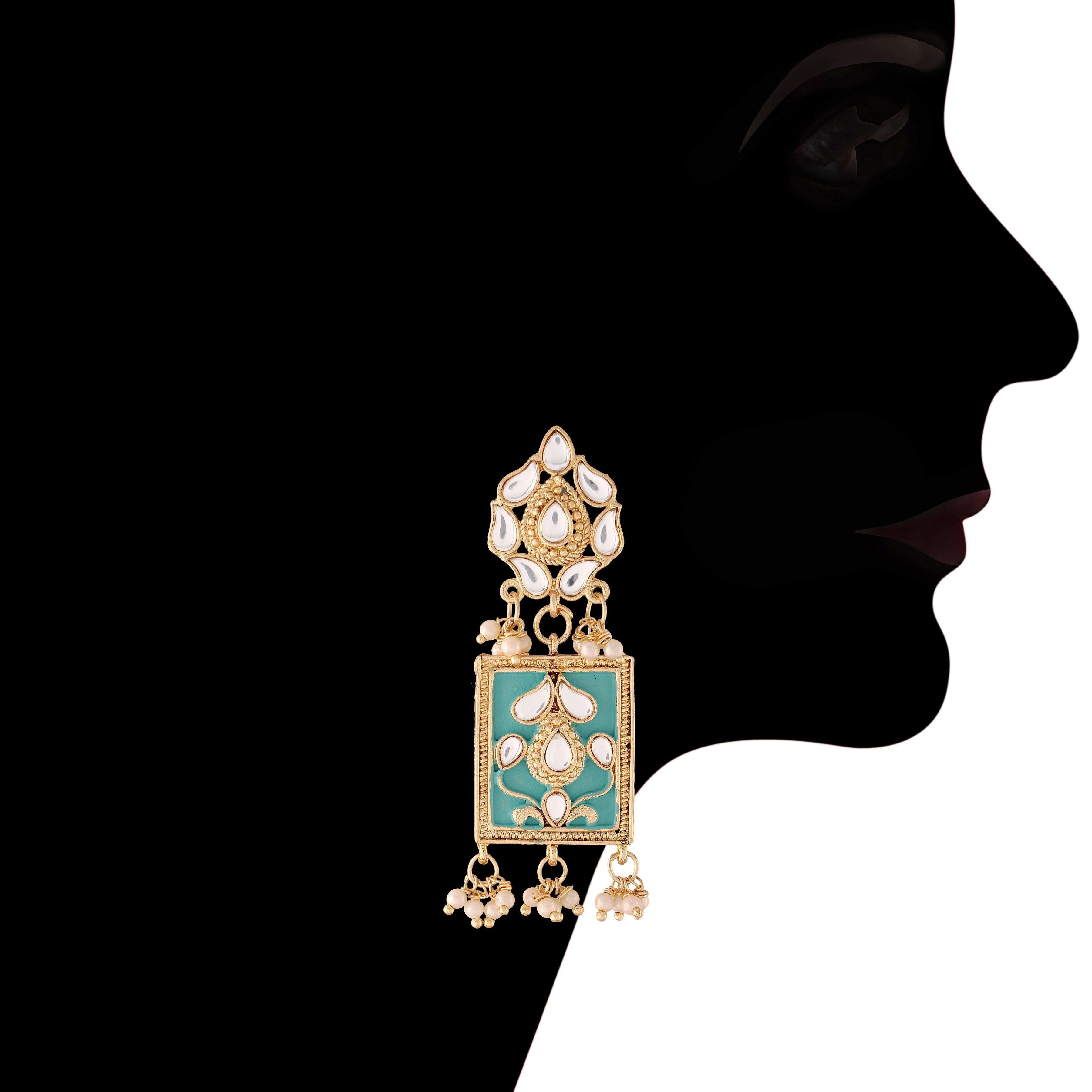 Women's Gold Plated Turquoise Pearl & Kundan Meenakari Multistrand Necklace Set With Earrings