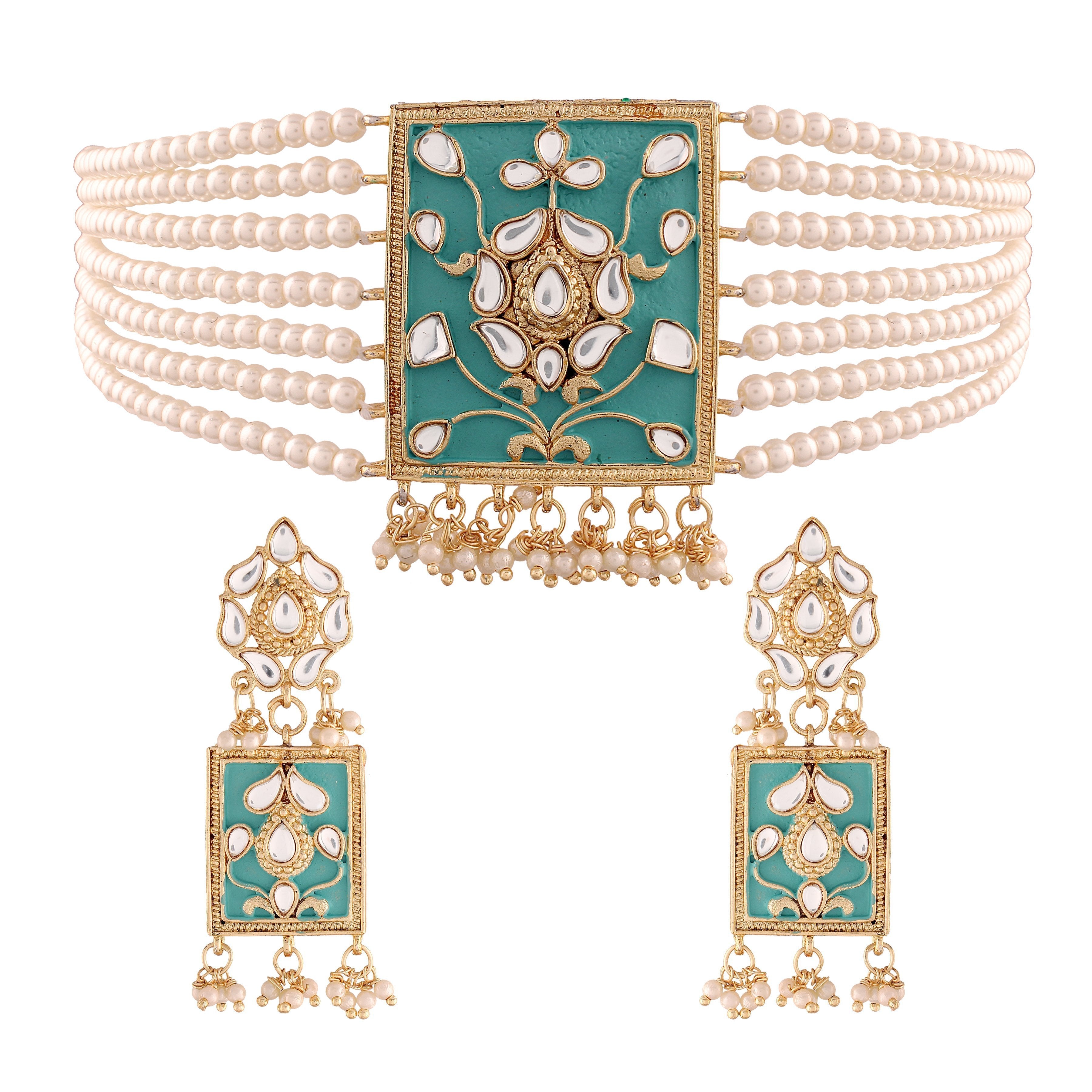 Women's Gold Plated Turquoise Pearl & Kundan Meenakari Multistrand Necklace Set With Earrings