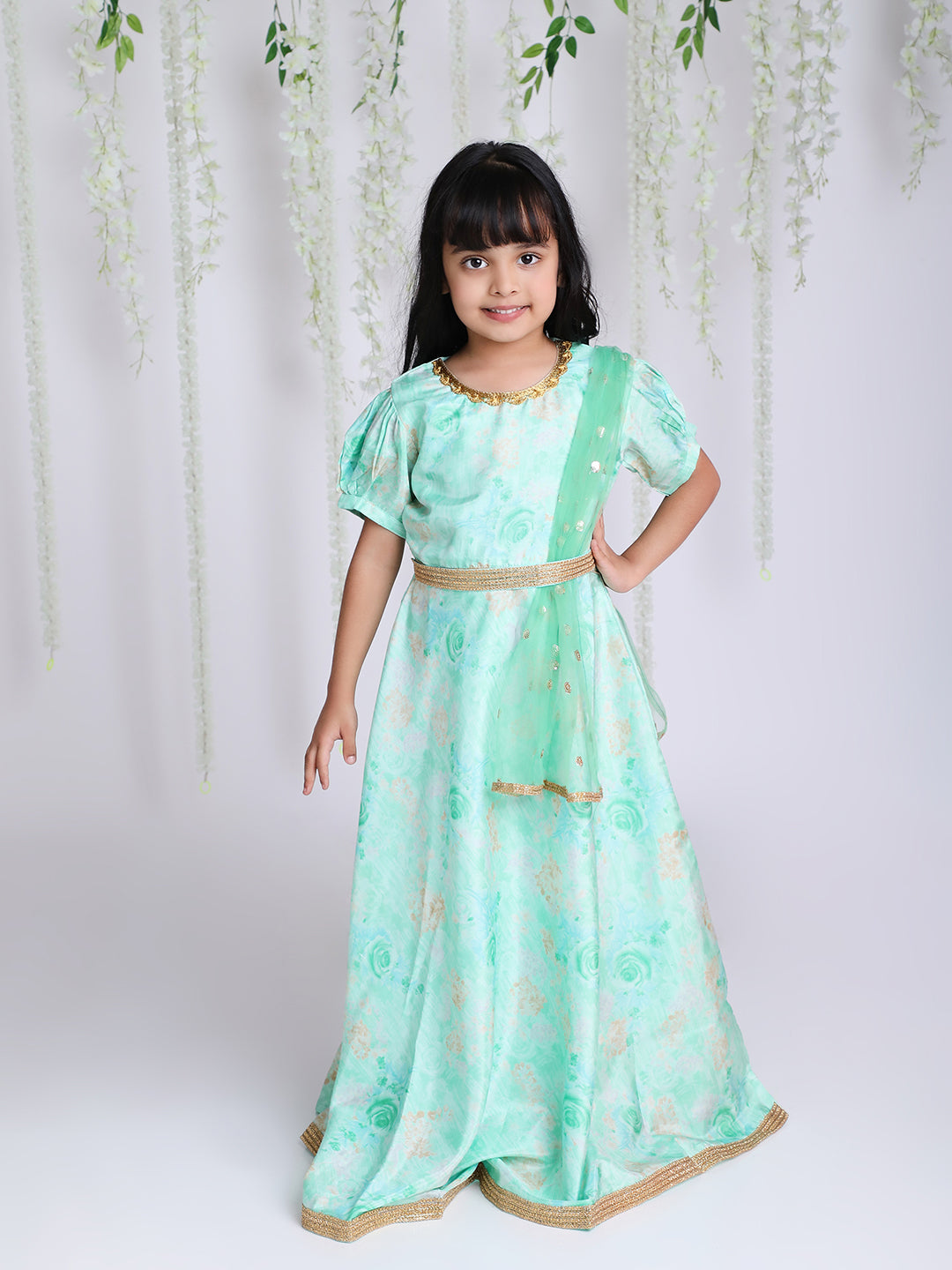 Girl's Princess Floral Gown With Belt And Sequins Dupatta - KID1 Girls