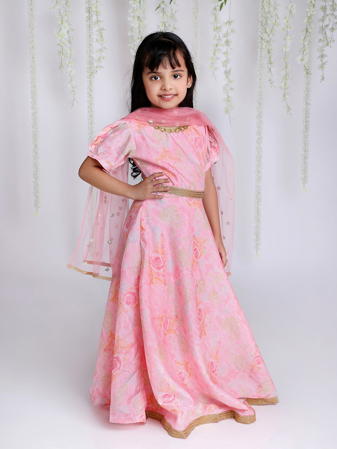 Girl's Princess Floral Gown With Belt And Sequins Dupatta - KID1 Girls