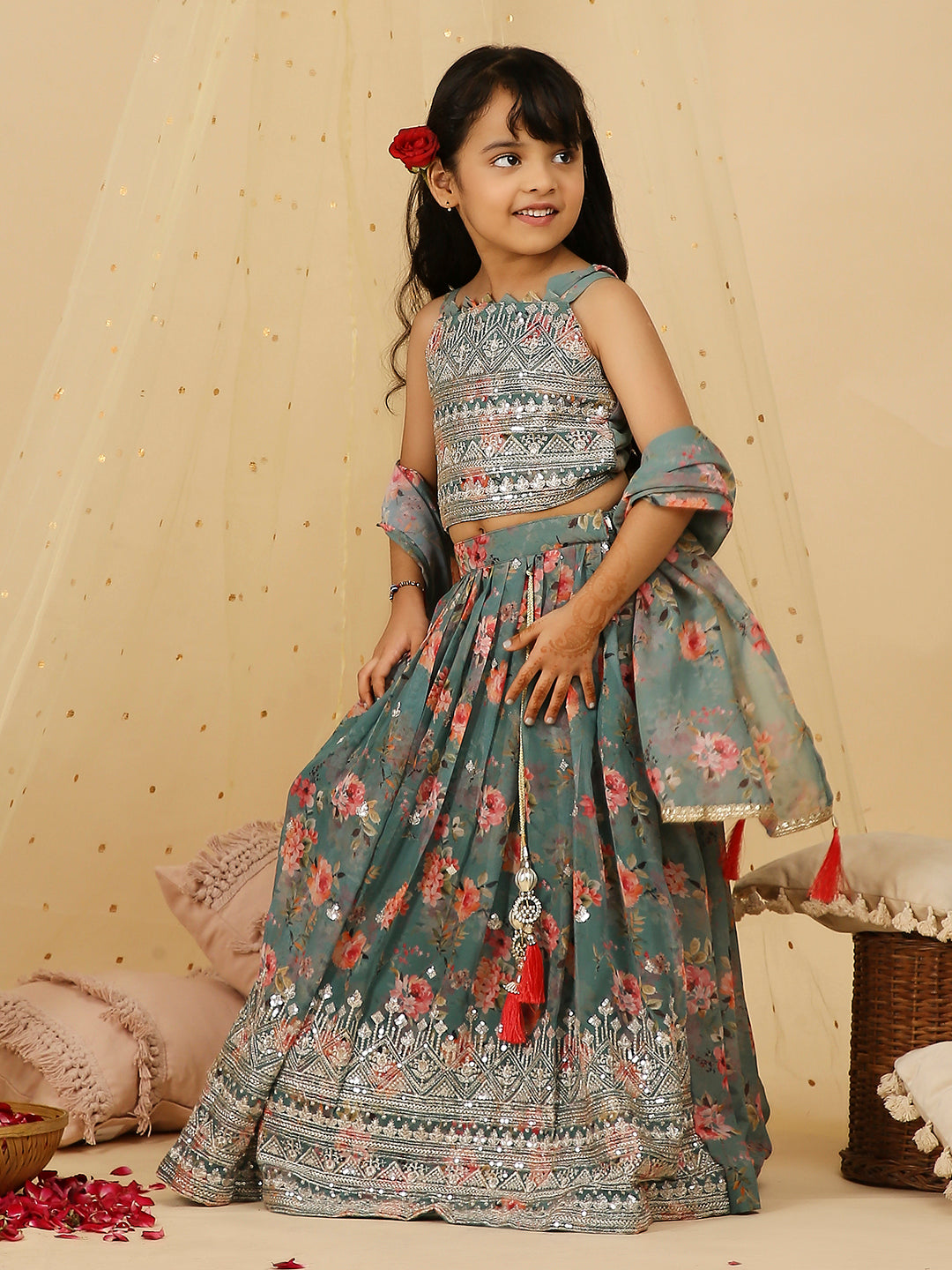 Girl's Nazam Georgette Lehenga With Heavy Embroidered Choli With Dupatta - Kid1