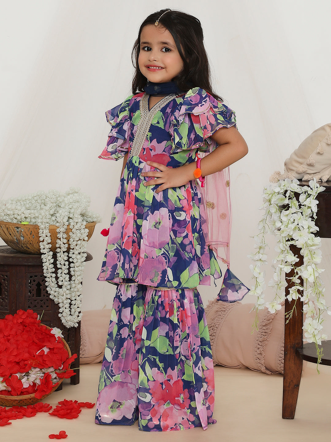 Girl's Spring Floral Sharara Set - Kid1