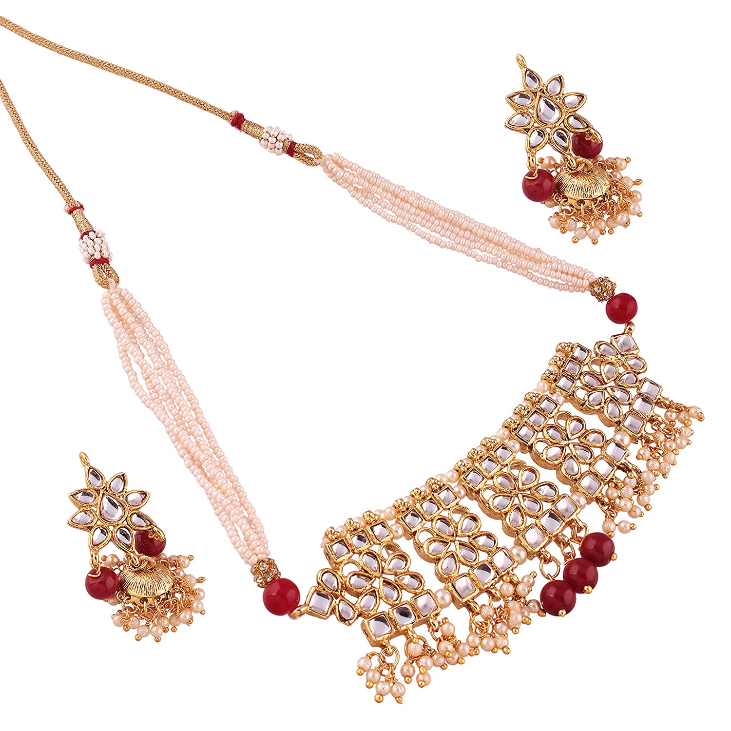 Women's Gold Plated Marron Kundan & Pearl Studded Choker Necklace Set with Earrings