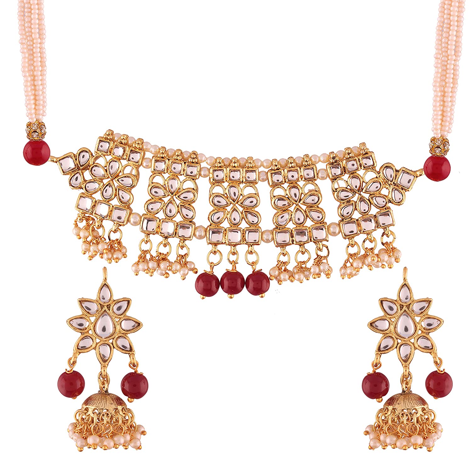 Women's Gold Plated Marron Kundan & Pearl Studded Choker Necklace Set with Earrings