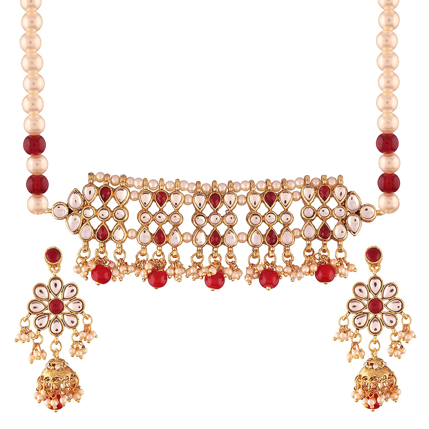 Women's Gold Plated Red Kundan & Pearl Studded Choker Necklace Set with Earring