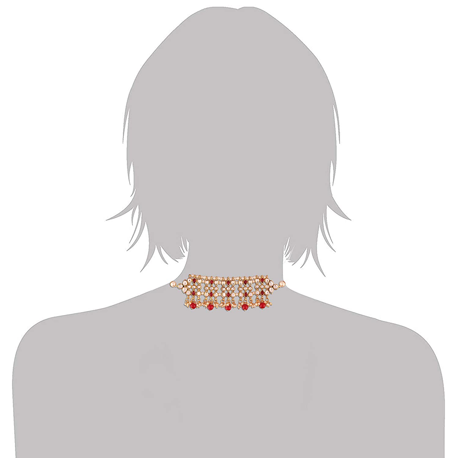 Women's Gold Plated Red Kundan & Pearl Studded Choker Necklace Set with Earring
