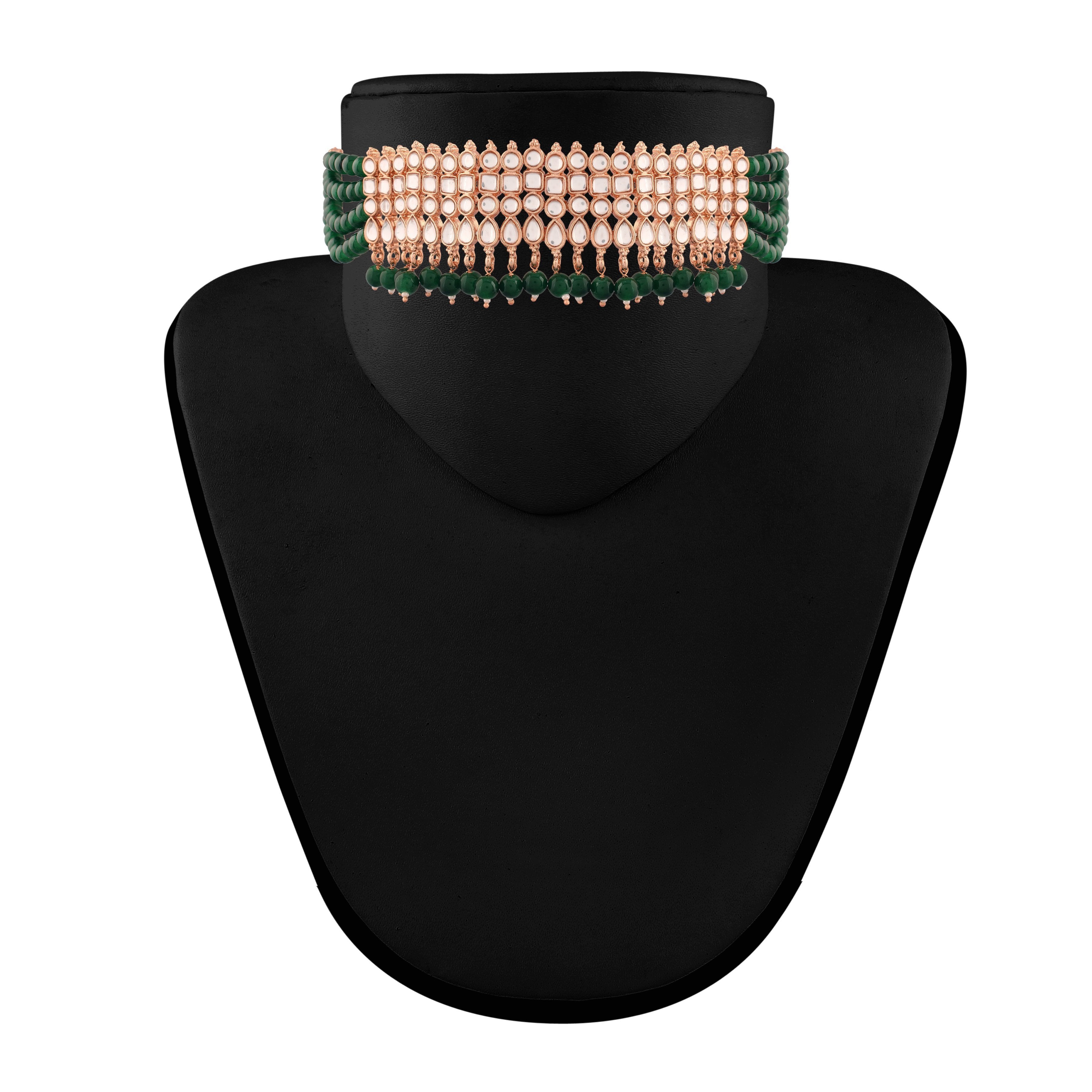 Women's Rose Gold Plated Ethnic Traditional Kundan & Pearl Choker Necklace Set