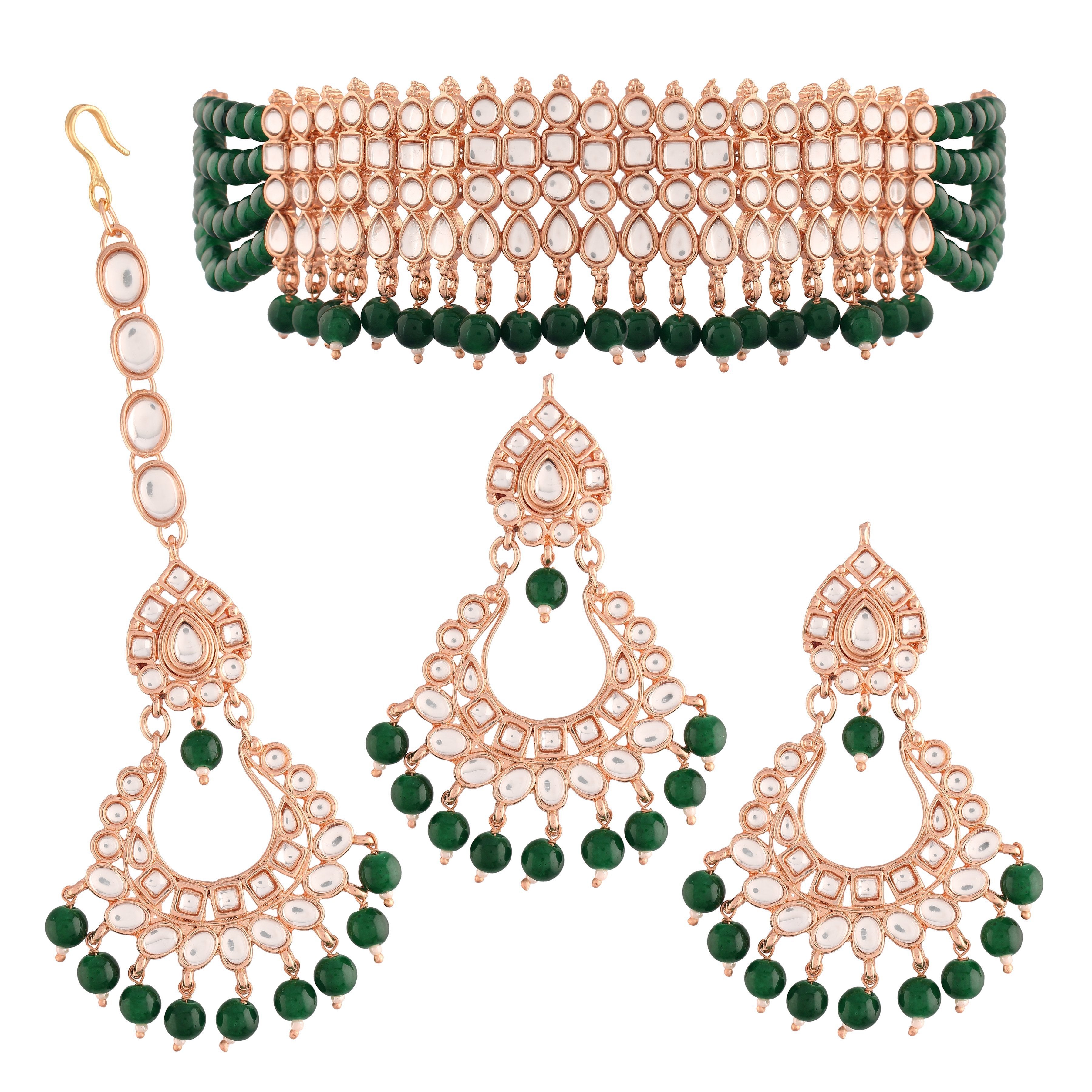 Women's Rose Gold Plated Ethnic Traditional Kundan & Pearl Choker Necklace Set