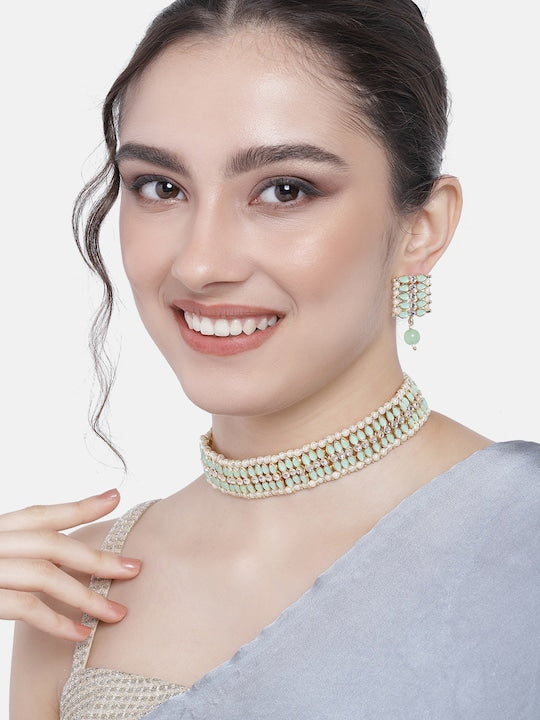 Women's 18k Gold Plated Traditional Peach Pearl & Kundan Studded Choker Necklace Jewellery Set