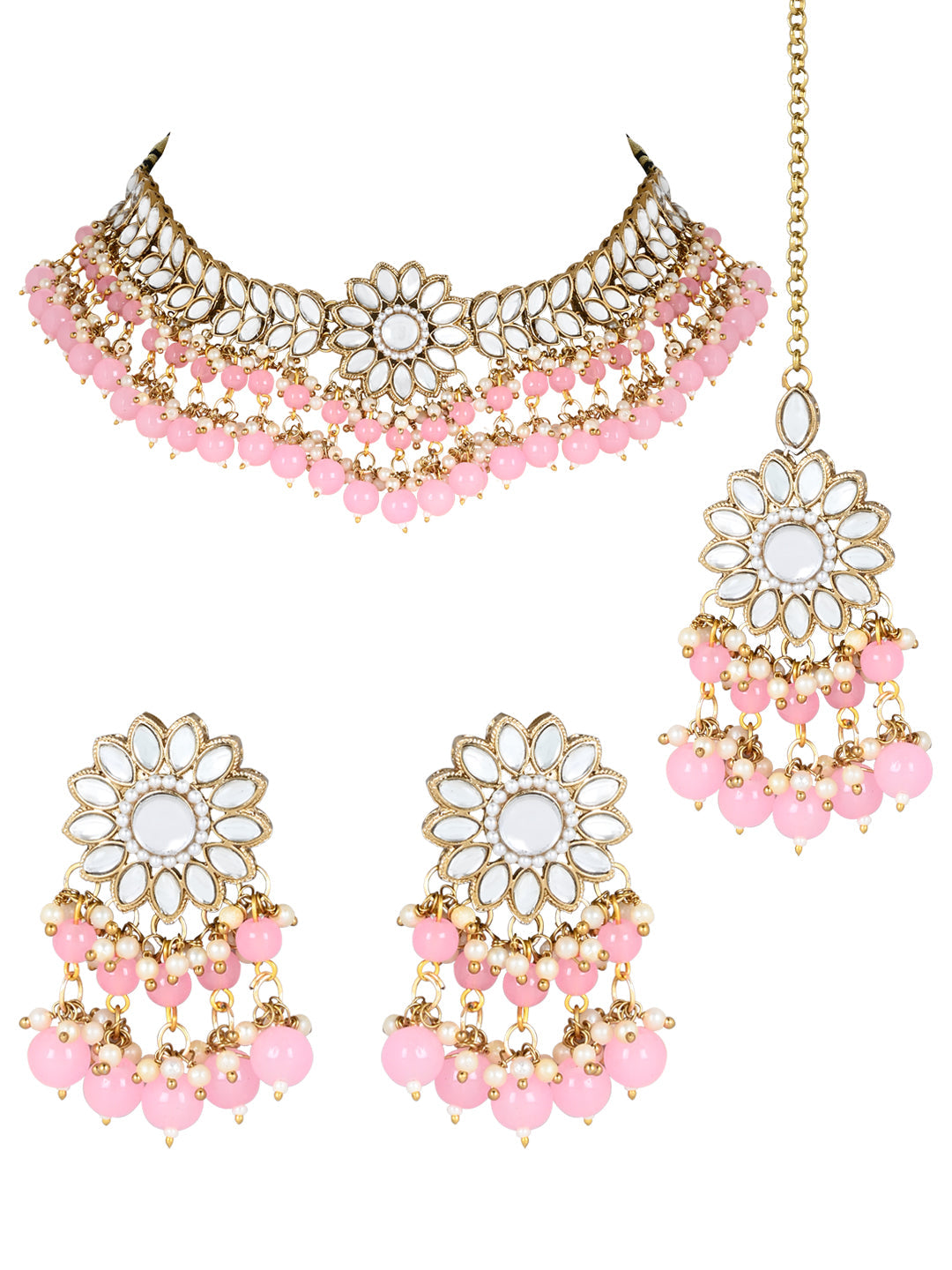 Women's 18K Gold Plated Traditional Kundan Studded Pink Pearl Hanging Choker Necklace Jewellery Set With Earrings & Maang Tikka