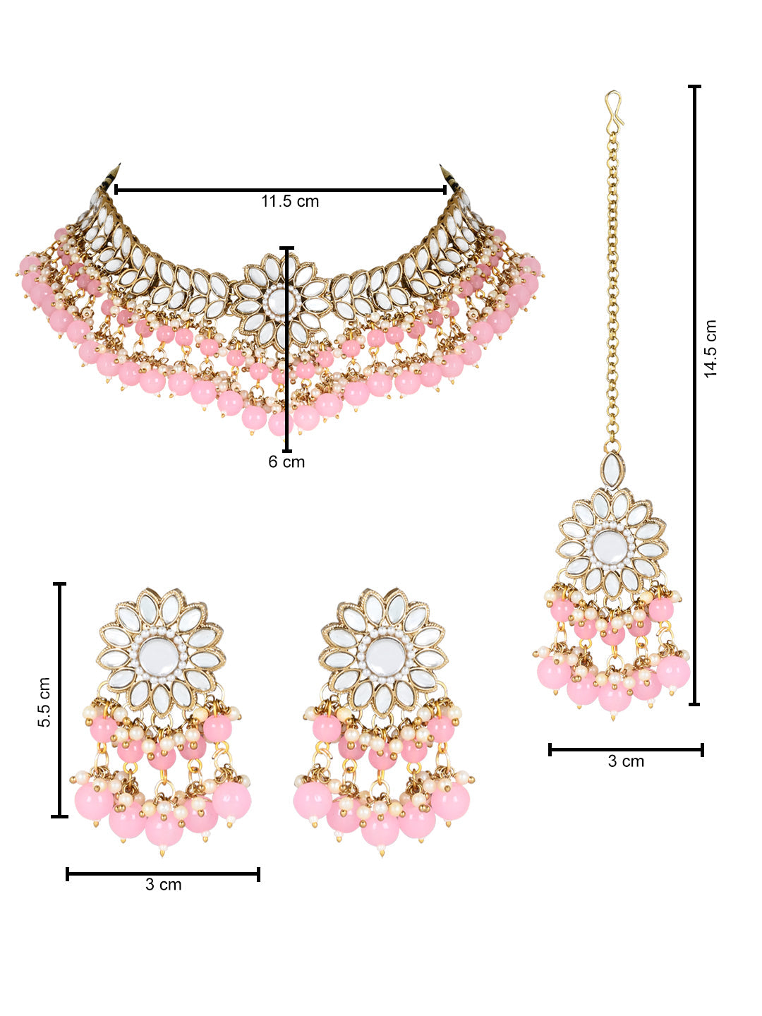 Women's 18K Gold Plated Traditional Kundan Studded Pink Pearl Hanging Choker Necklace Jewellery Set With Earrings & Maang Tikka