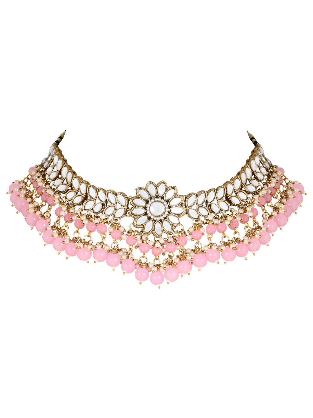 Women's 18K Gold Plated Traditional Kundan Studded Pink Pearl Hanging Choker Necklace Jewellery Set With Earrings & Maang Tikka