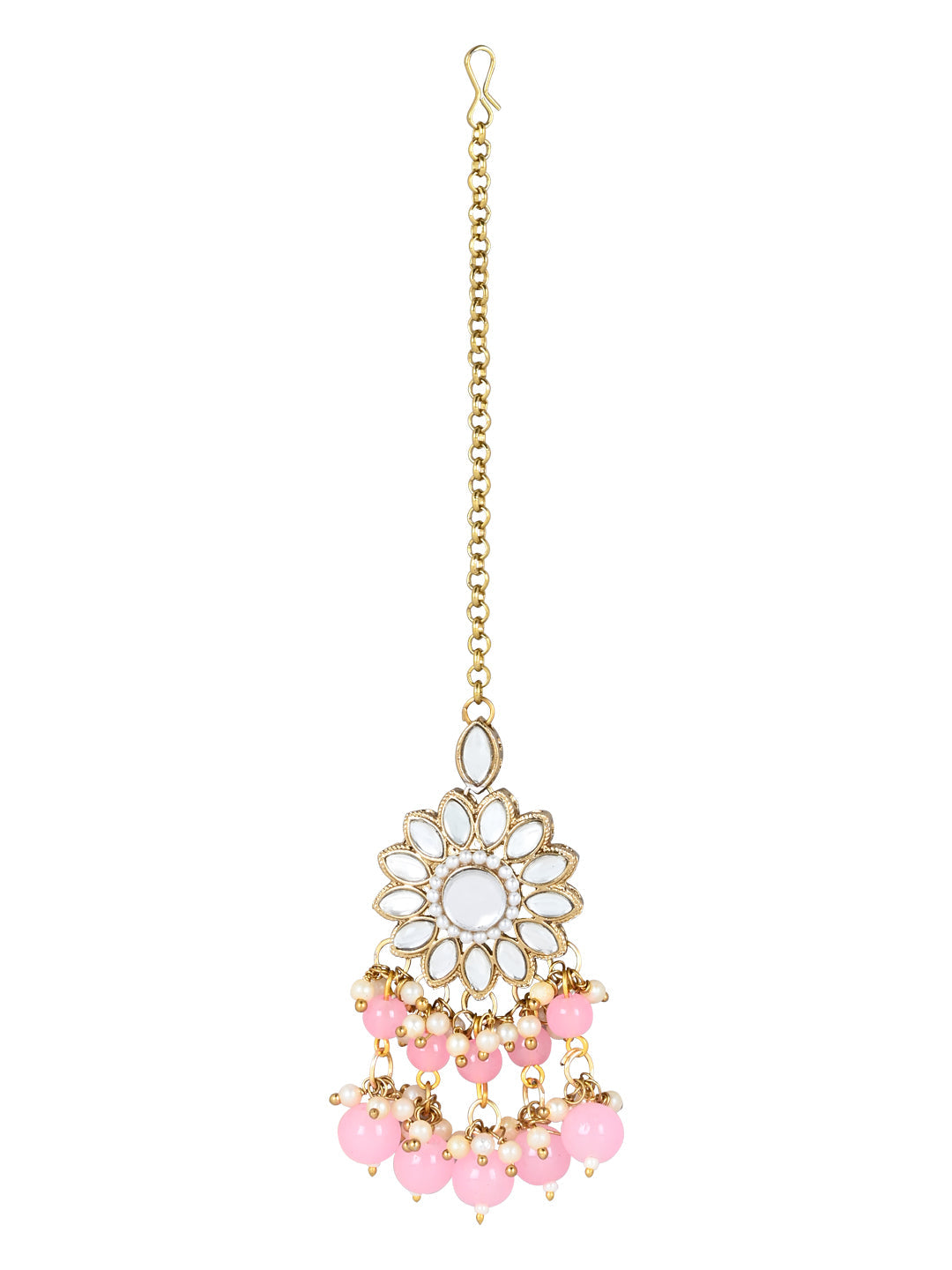 Women's 18K Gold Plated Traditional Kundan Studded Pink Pearl Hanging Choker Necklace Jewellery Set With Earrings & Maang Tikka