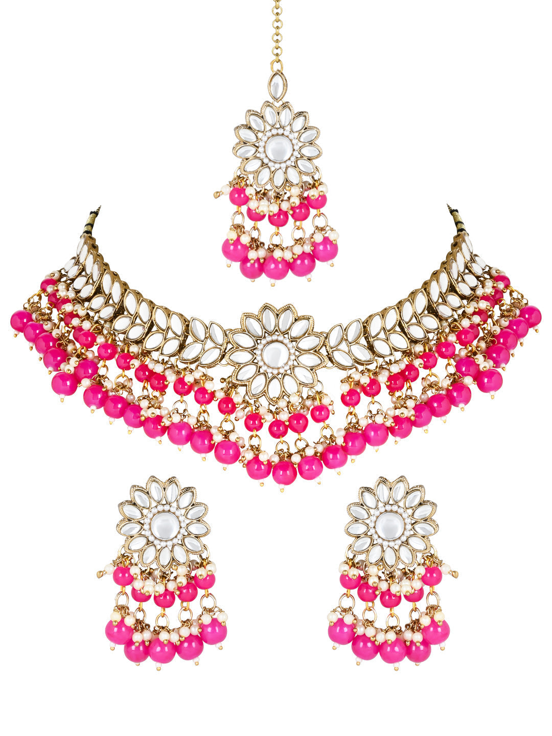 Women's 18K Gold Plated Traditional Kundan Studded Pearl Hanging Choker Necklace Jewellery Set With Earrings & Maang Tikka