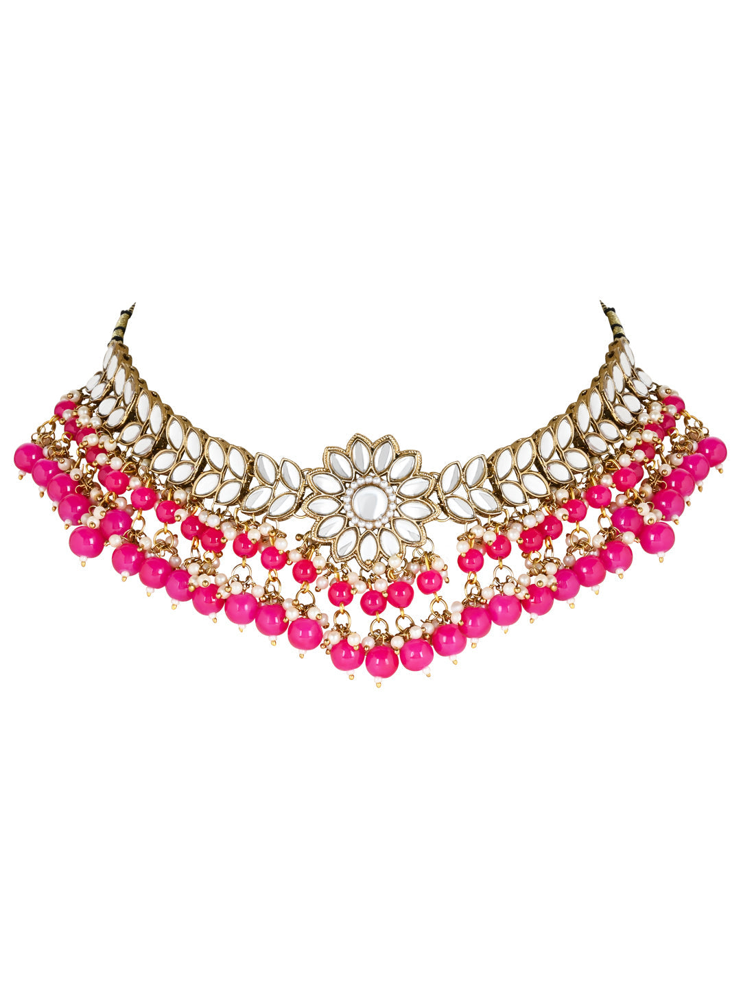 Women's 18K Gold Plated Traditional Kundan Studded Pearl Hanging Choker Necklace Jewellery Set With Earrings & Maang Tikka