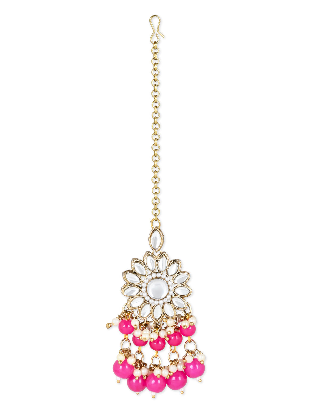 Women's 18K Gold Plated Traditional Kundan Studded Pearl Hanging Choker Necklace Jewellery Set With Earrings & Maang Tikka